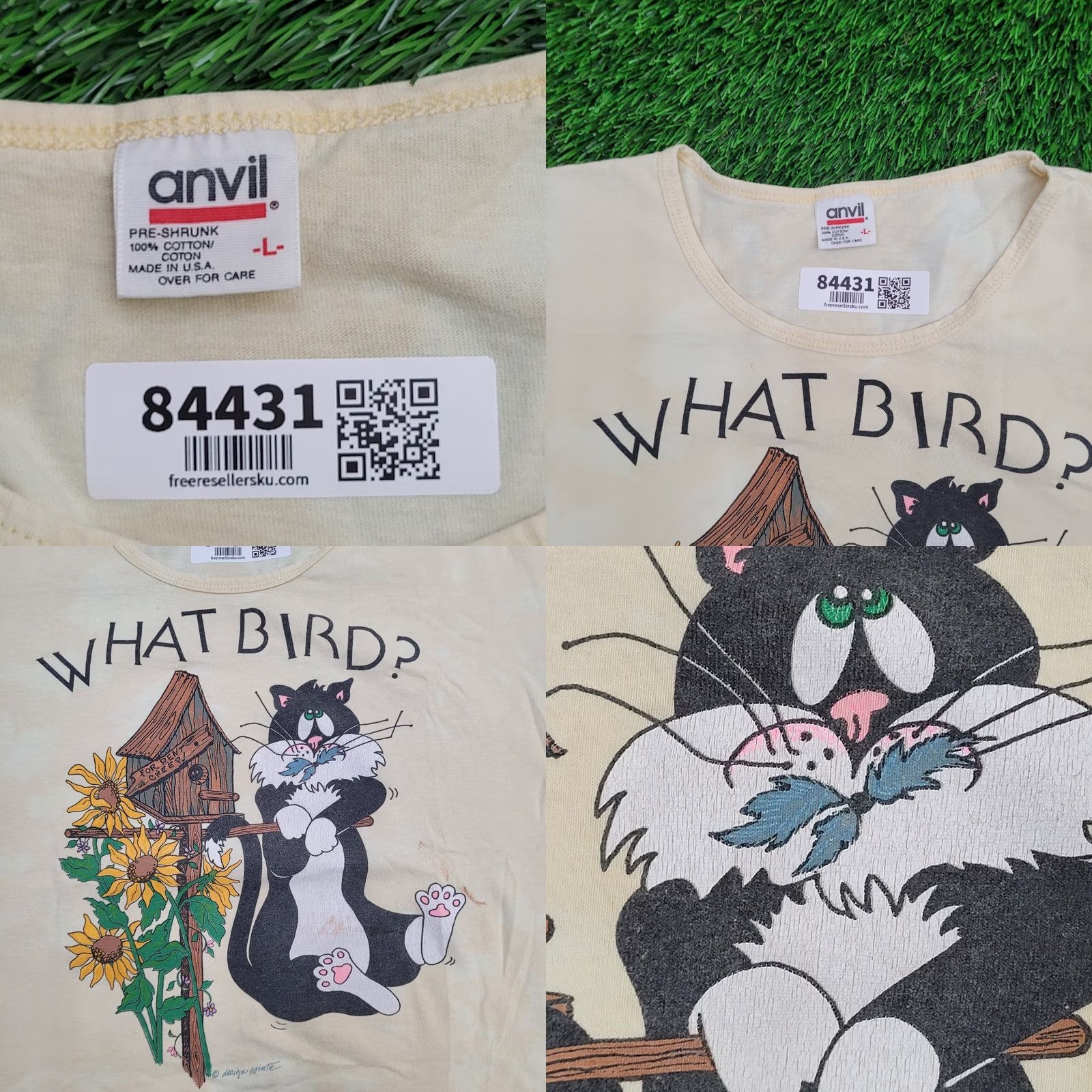Anvil VINTAGE 80s Funny Bird Cat Crop-Top Shirt Womens L 22x23 USA Shirt Cropped Baggy Graphic Print Yellow Women Size L / US 10 / IT 46 - 8 Thumbnail