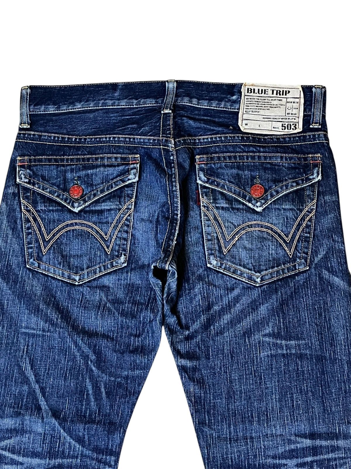 Edwin SICK🔥VINTAGE EDWIN 503 FLARED BLUE TRIP DISTRESSED JEANS Size US 35 - 5 Thumbnail