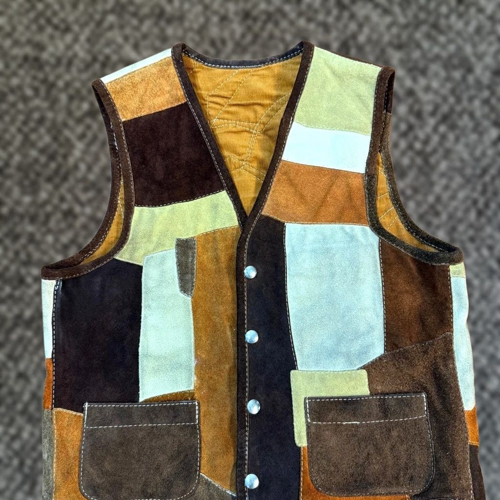 Vintage VINTAGE Handmade Patchwork Vest Suede Leather Snap Western Hippie K23 Small S Brown 40 in Mens/Adult Casual Vest Size US S / EU 44-46 / 1 - 1 Thumbnail