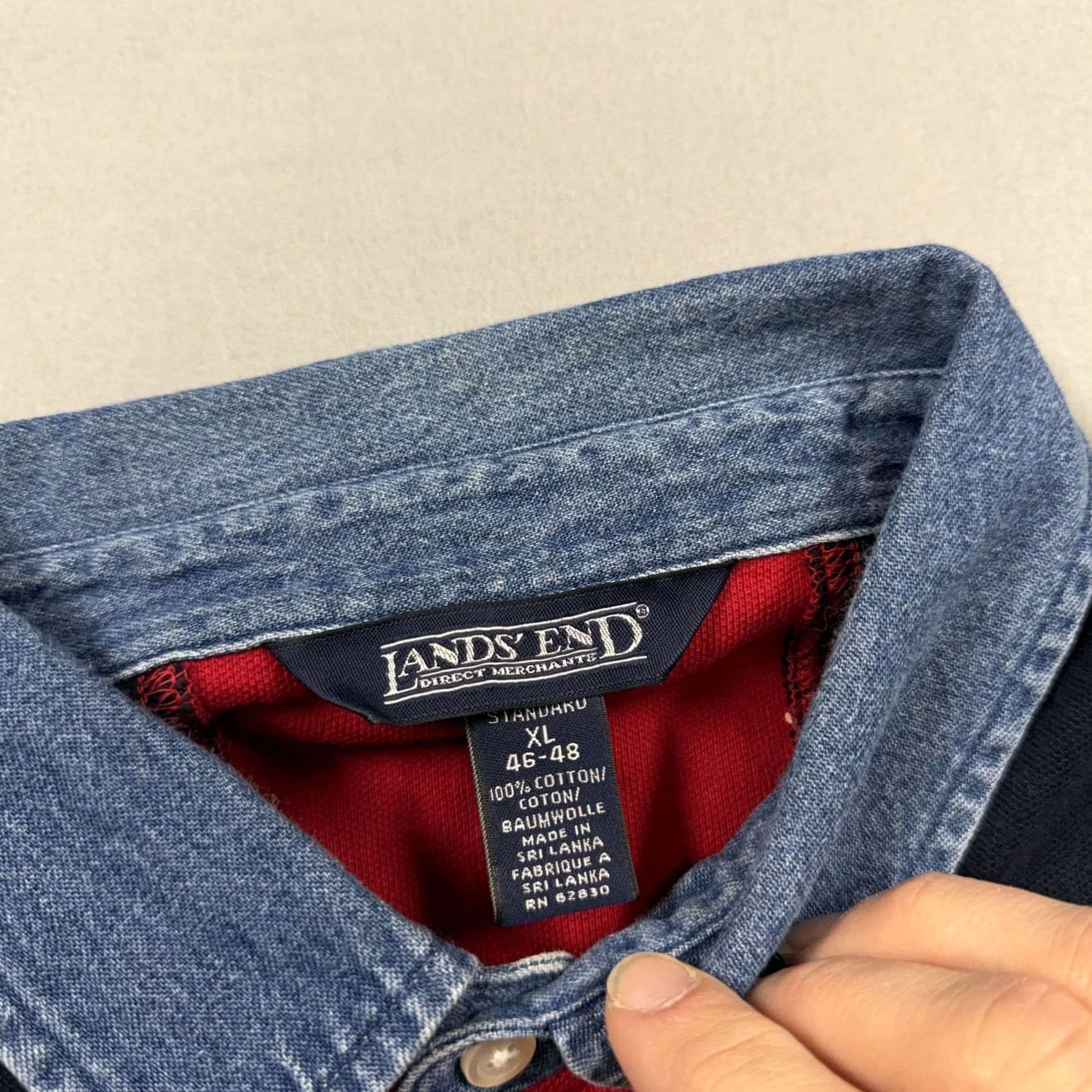 Lands' End Lands' End Polo Shirt Mens XL Red Navy Stripe Denim Collar Vintage Rugby Shirt Long Sleeve Button 100% Cotton Size US XL / EU 56 / 4 - 2 Thumbnail