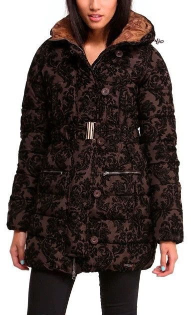 Desigual Desigual Womens Quilted Jacket Hooded Patterned Brown Casual Size S / US 4 / IT 40 - 1 Thumbnail