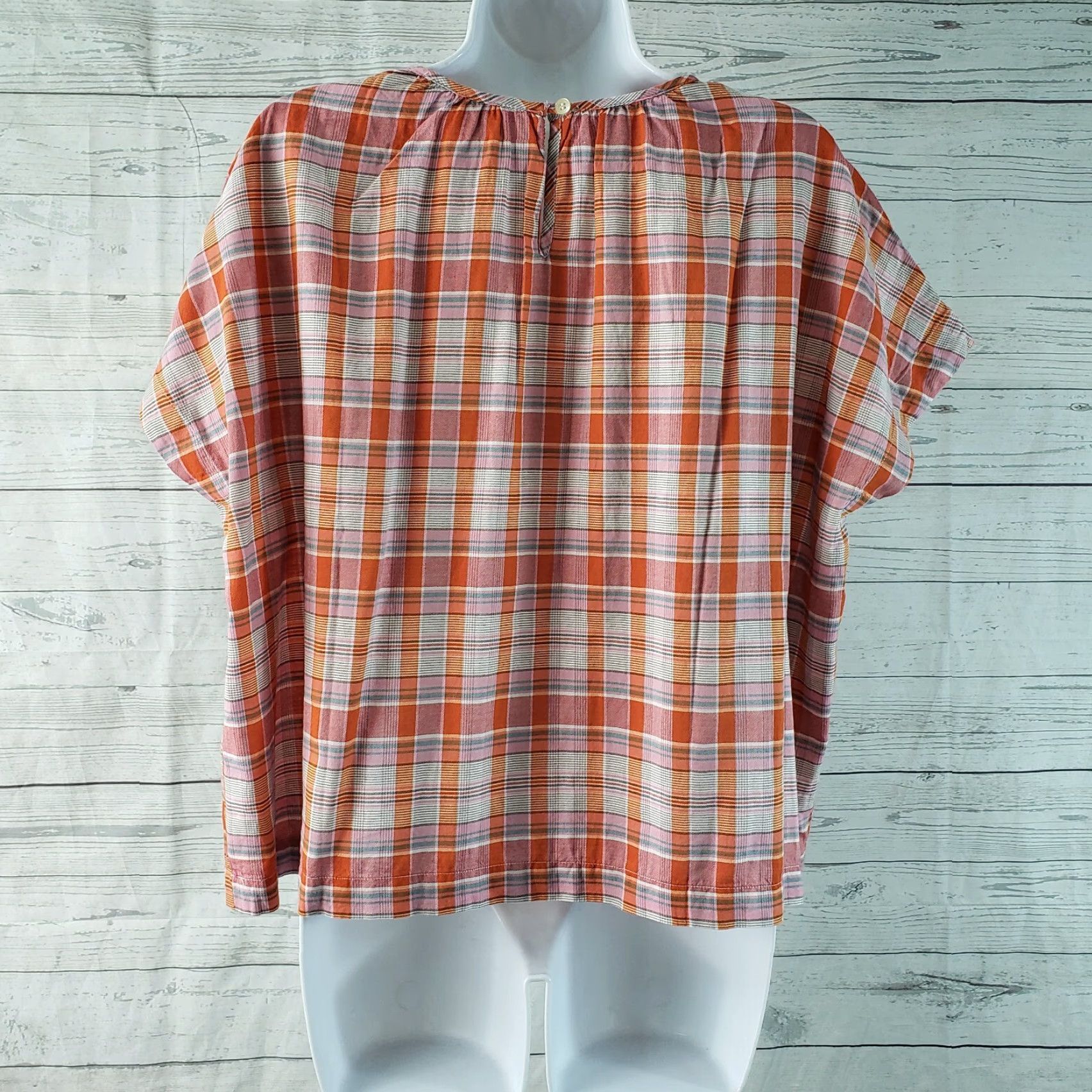 Madewell Madewell Womens Shirt XS Pink Orange Plaid Cotton Shirred Neck Boxy Top Size XS / US 0-2 / IT 36-38 - 4 Thumbnail