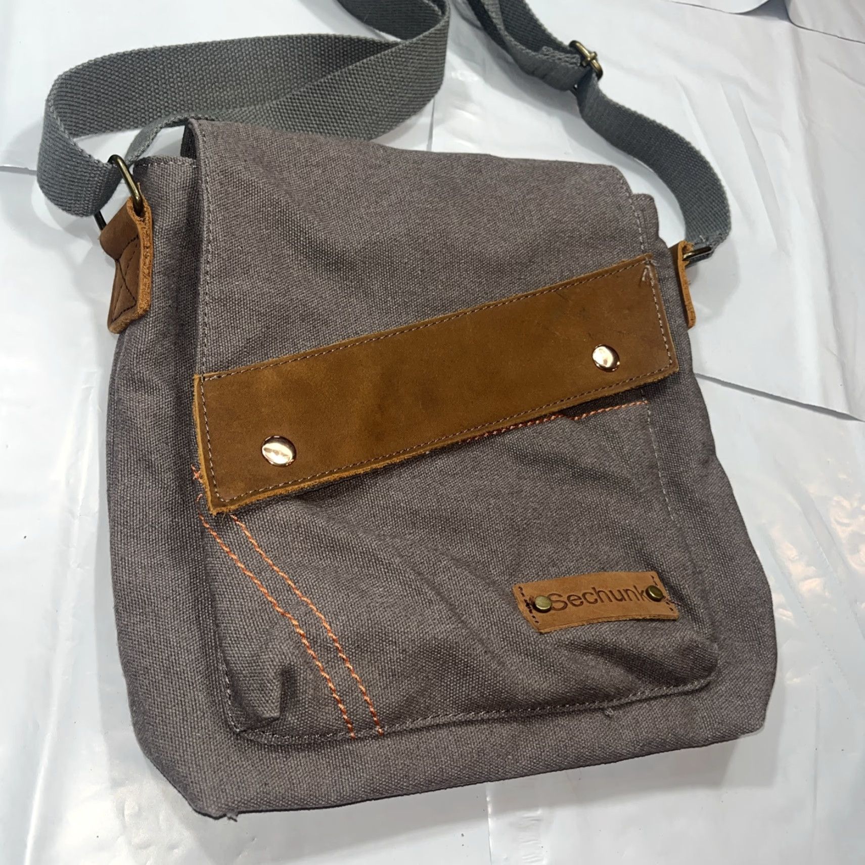 Vintage VINTAGE Sechunk Brown Gray Canvas Messenger Bag Flap Crossbody 12x12” Unisex Adults Bag Crossbody Strap Messenger Bag Purse Case 12x12” Size ONE SIZE - 3 Thumbnail
