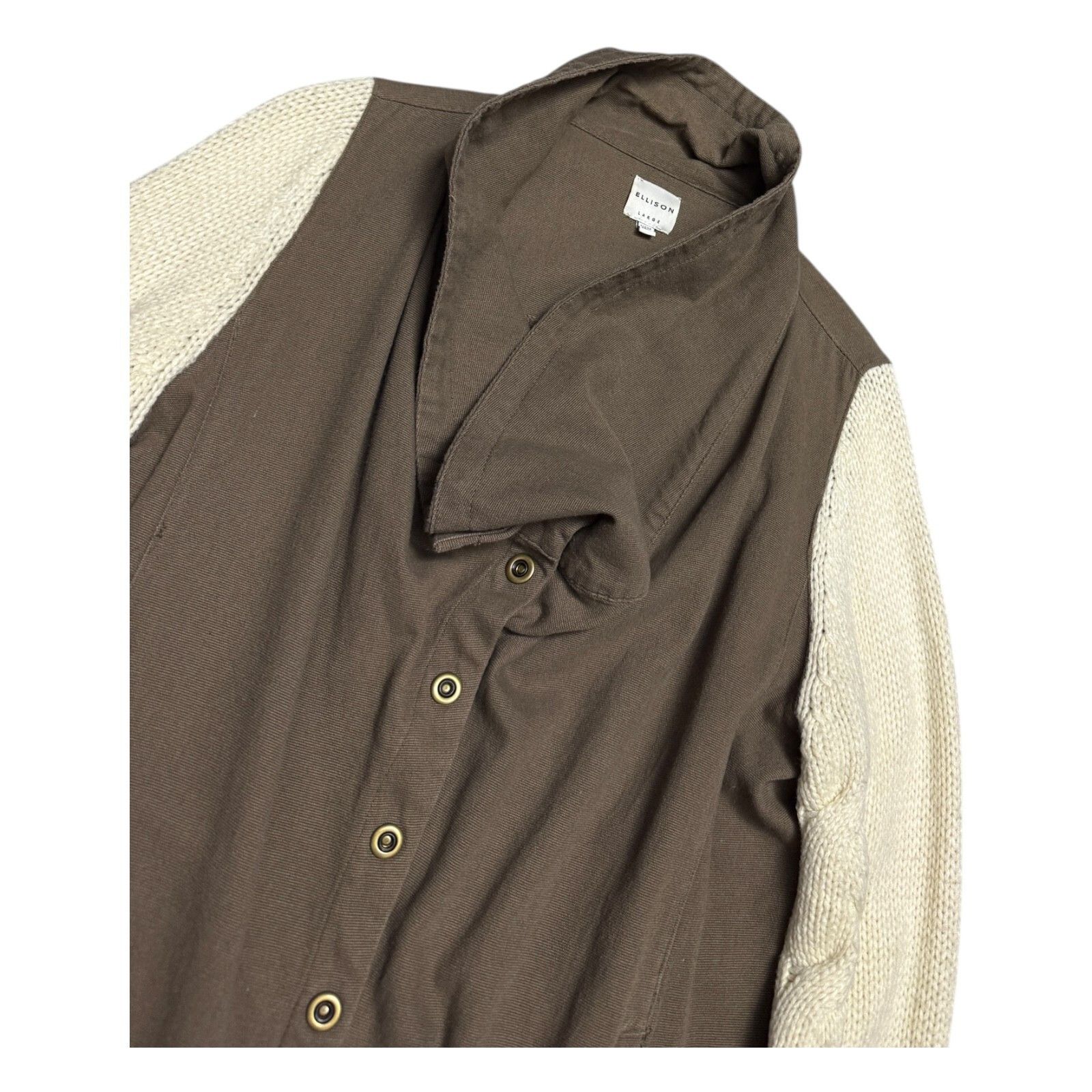 Designer ELLISON Khaki Knit Sleeve Casual Sweater Jacket Shacket L Size L / US 10 / IT 46 - 2 Thumbnail