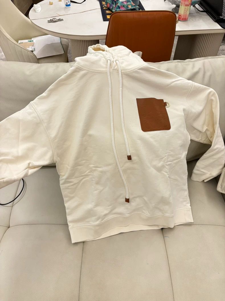 Loewe Loewe White hooded sweater, size L, with brown leather poc Size L / US 10 / IT 46 - 1 Thumbnail