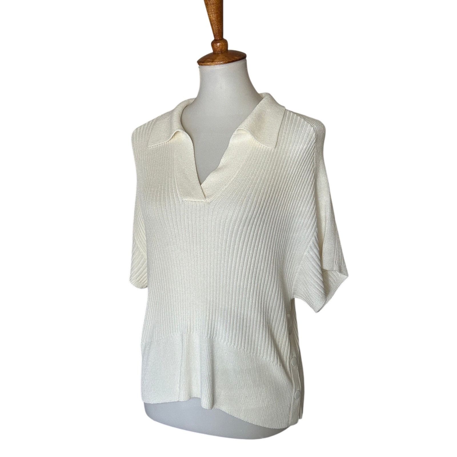 Rag & Bone Rag & Bone Ribbed Knit Polo Top Cream Viscose Johnny Collar Size S / US 4 / IT 40 - 1 Thumbnail