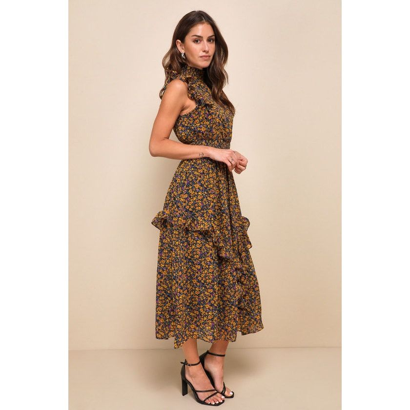 Other Lulus Evalina Mustard Floral Print Mock Neck Midi Dress Size S / US 4 / IT 40 - 2 Thumbnail