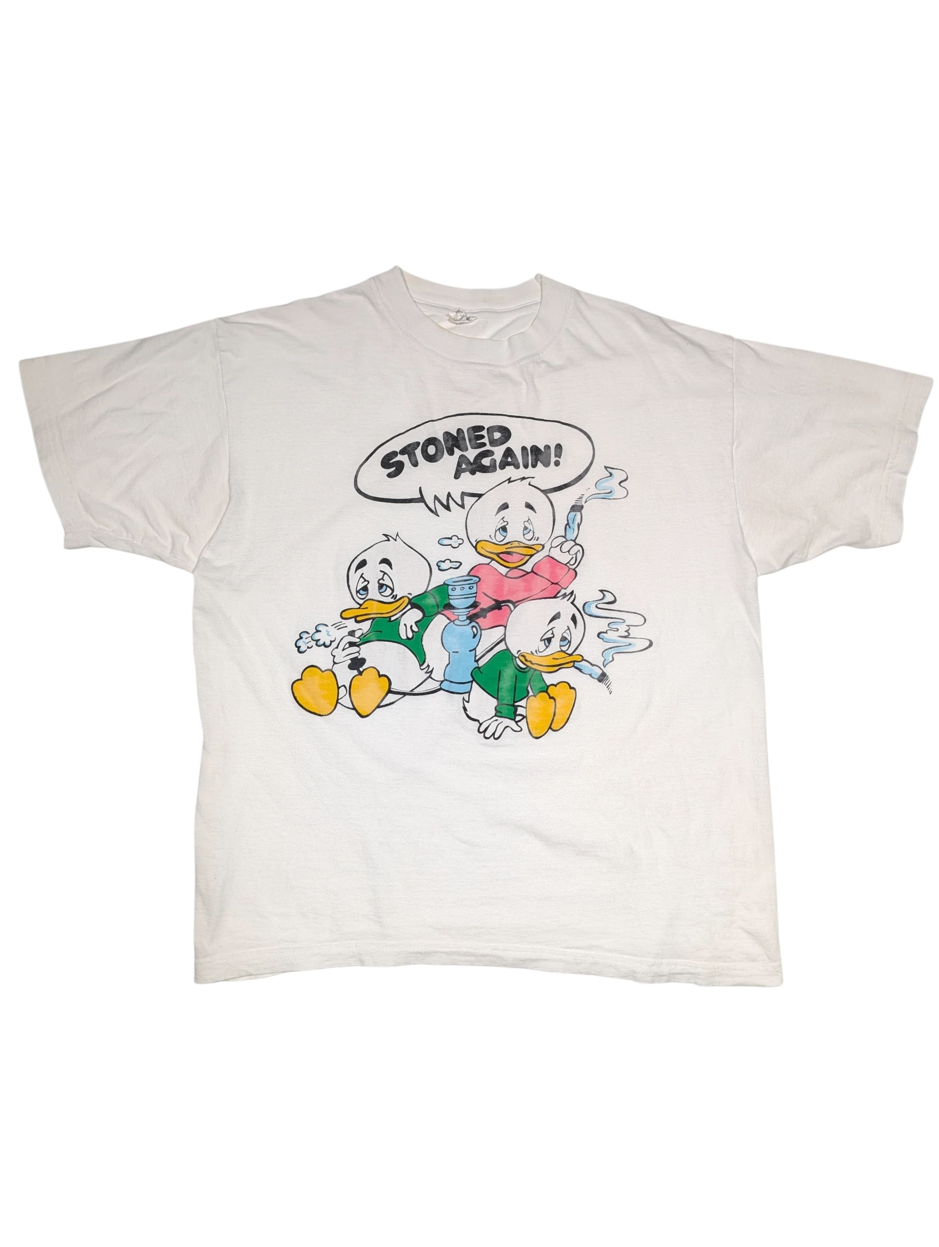 Vintage 90s Stoned Again Cartoon Weed Single Stich T-Shirt White Size US L / EU 52-54 / 3 - 1 Thumbnail