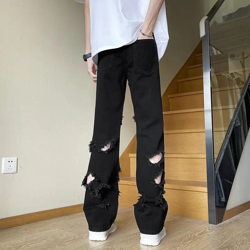 Japanese Brand Retro loose straight leg fringed ripped jeans Size US 32 / EU 48 - 3 Thumbnail