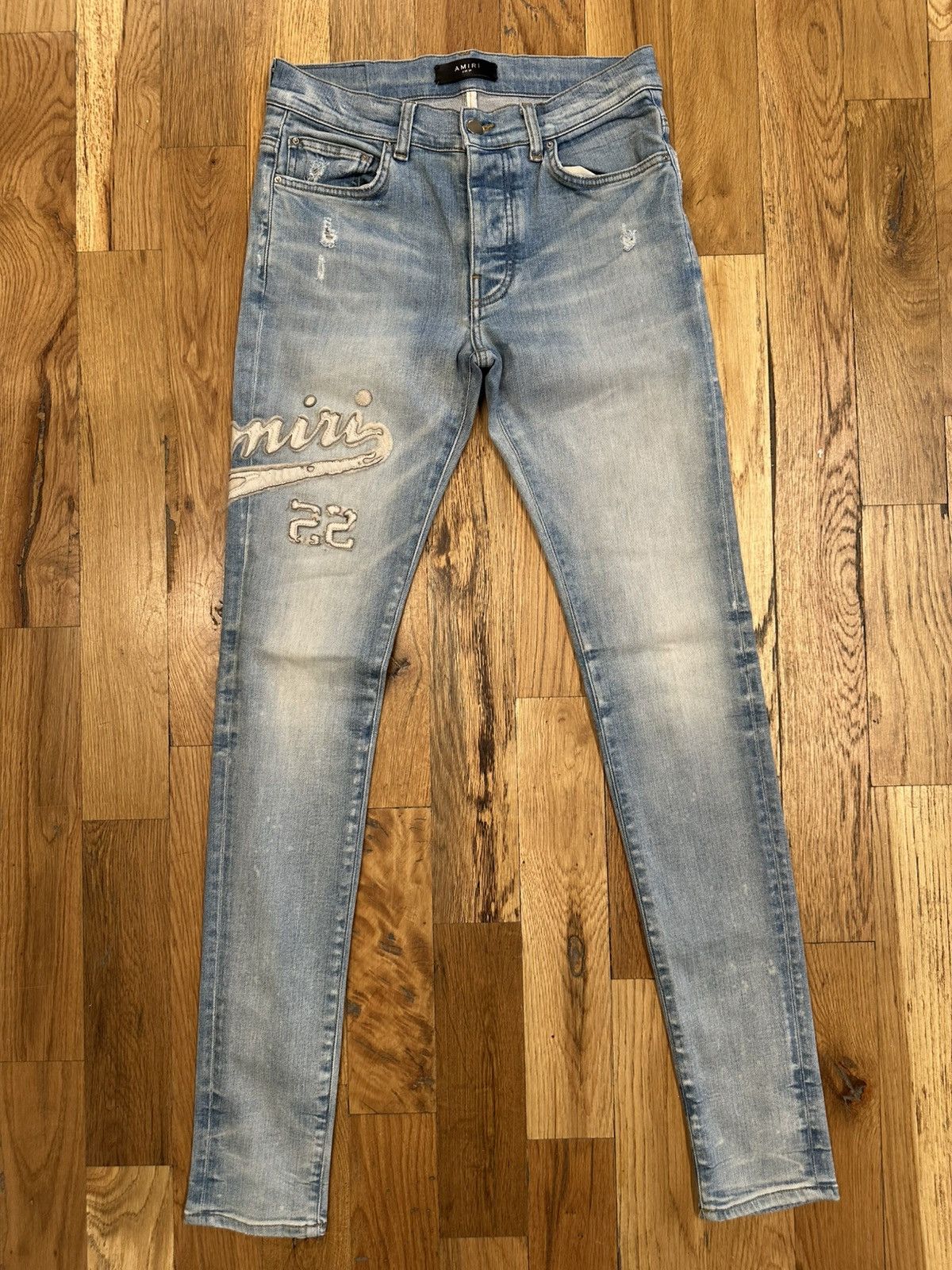 Pre-owned Amiri Varsity 22 Patch Blue Denim Jeans Size 29