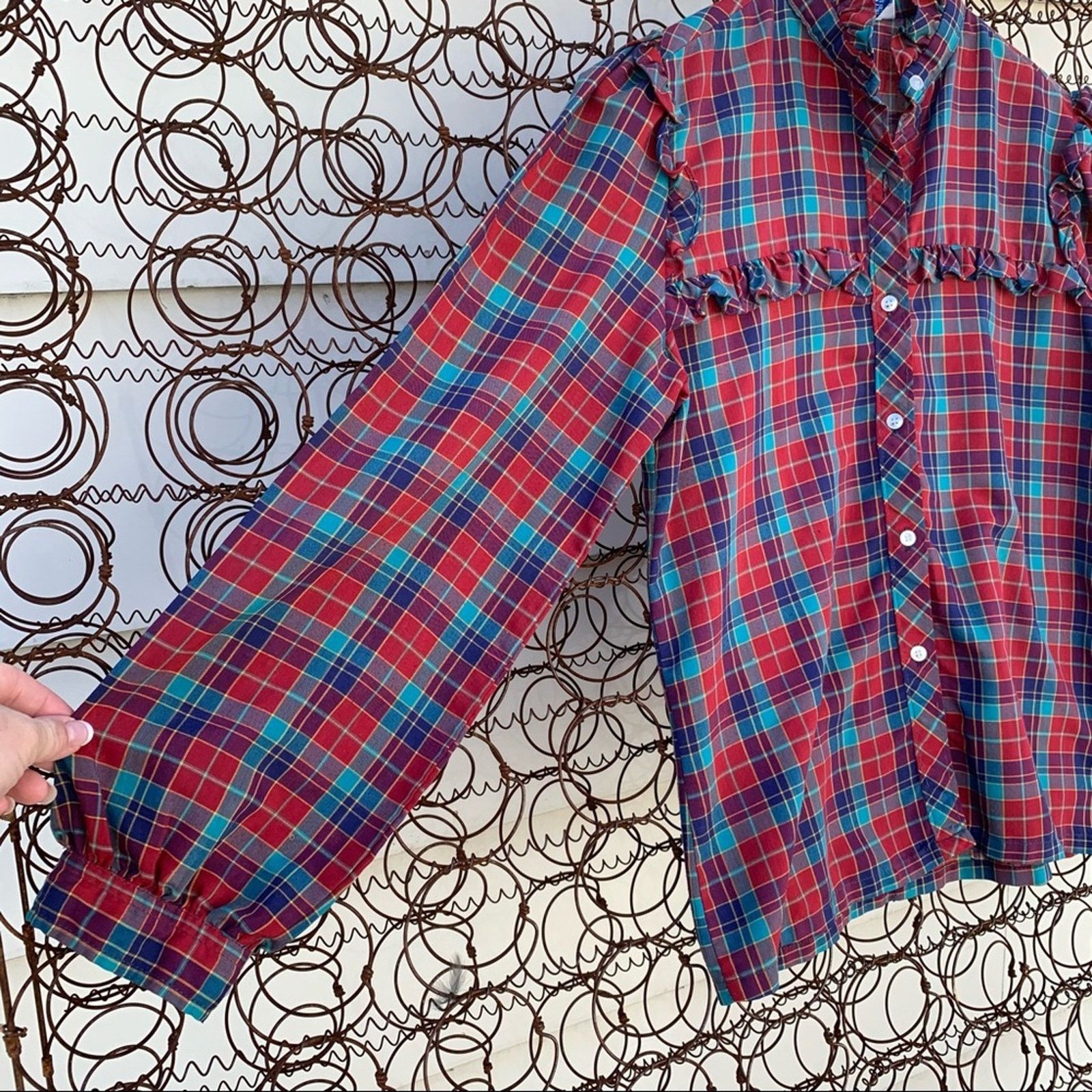 Sears Vintage 70s Sears red blue plaid ruffle blouse MEDIUM? Size M / US 6-8 / IT 42-44 - 2 Thumbnail