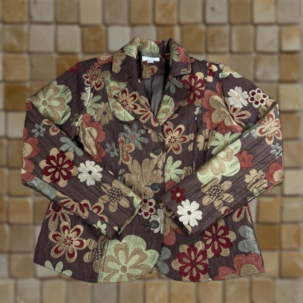 Vintage Erin London Brown Brocade Retro Mod Flower 60s Style Blazer Large Womens Size L / US 10 / IT 46 - 1 Thumbnail