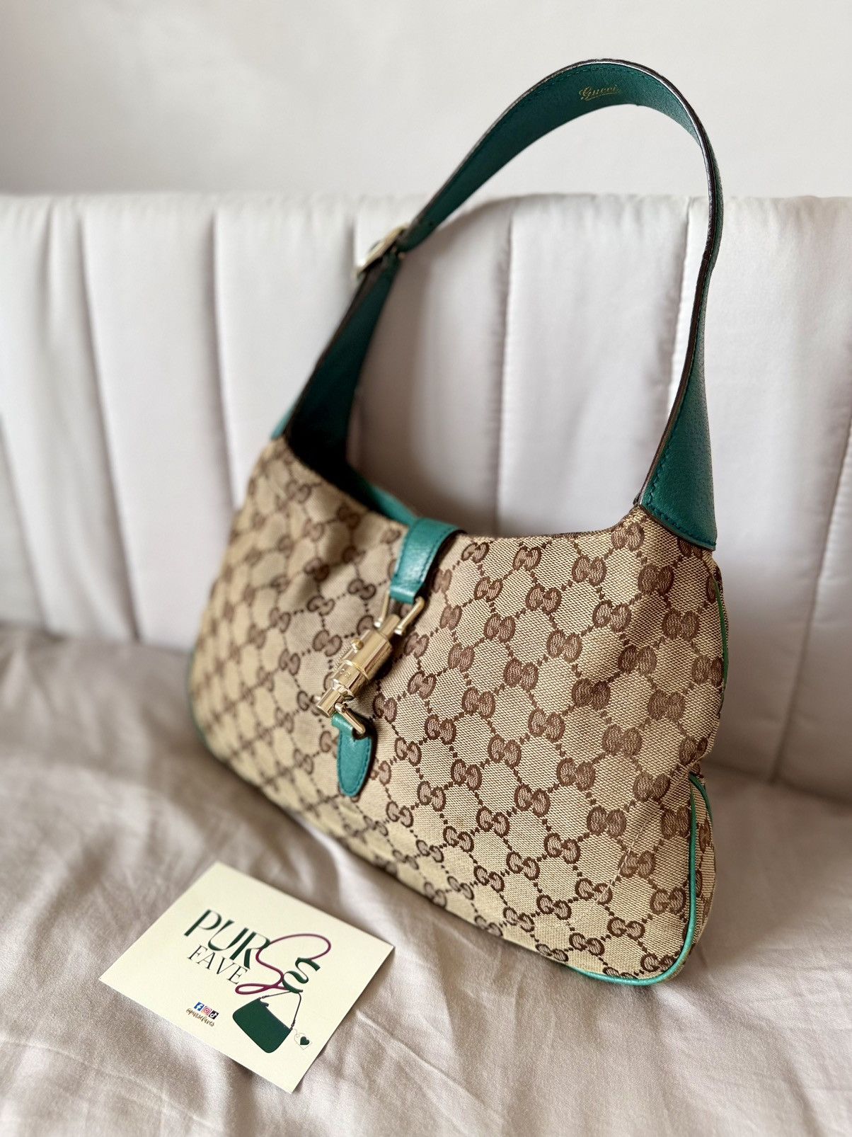Gucci Authentic GUCCI Jackie 1961 Beige Canvas x Teal Hobo Bag Size ONE SIZE - 22 Thumbnail
