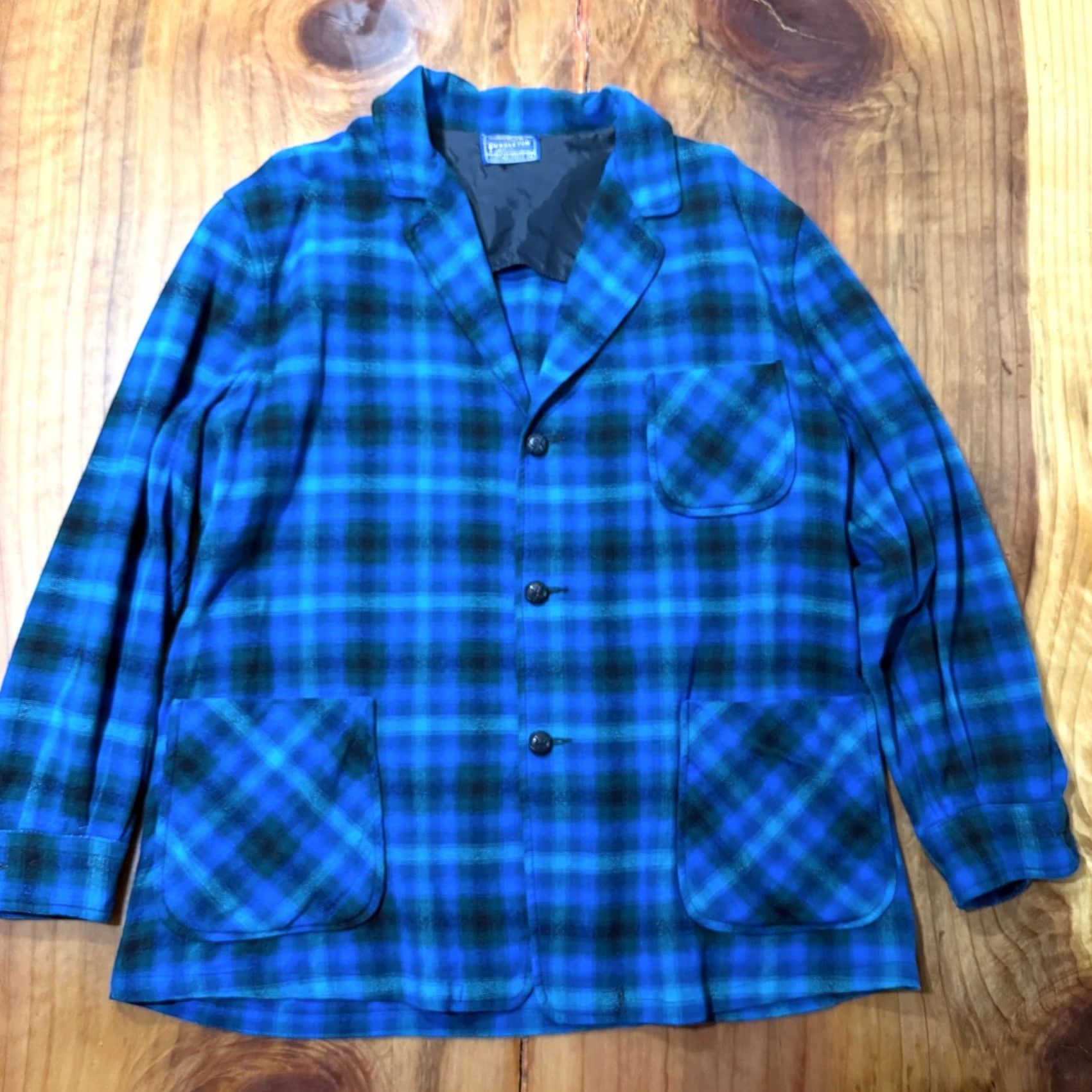 Pendleton VINTAGE Pendleton Jacket XL Blue 60s Wool Button Chore Coat Car Blazer Plaid OO24 Size 46R - 2 Thumbnail