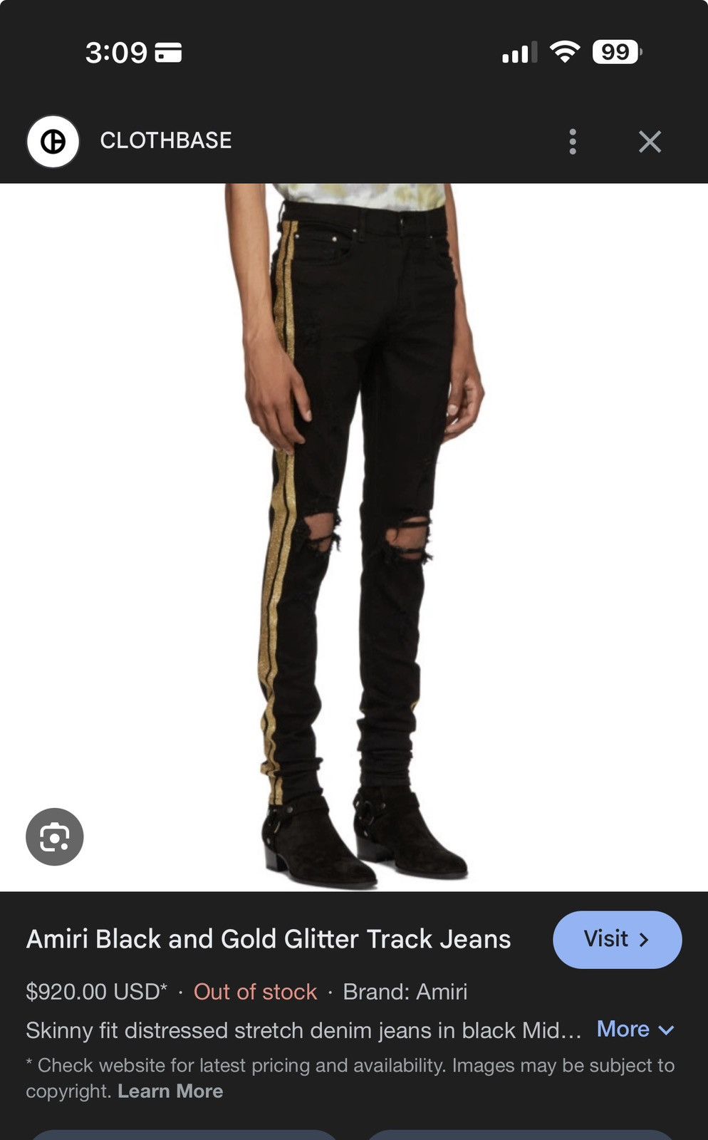 Amiri AMIRI GOLD GLITTER STRIPE BLACK DENIM Size US 28 / EU 44 - 1 Thumbnail