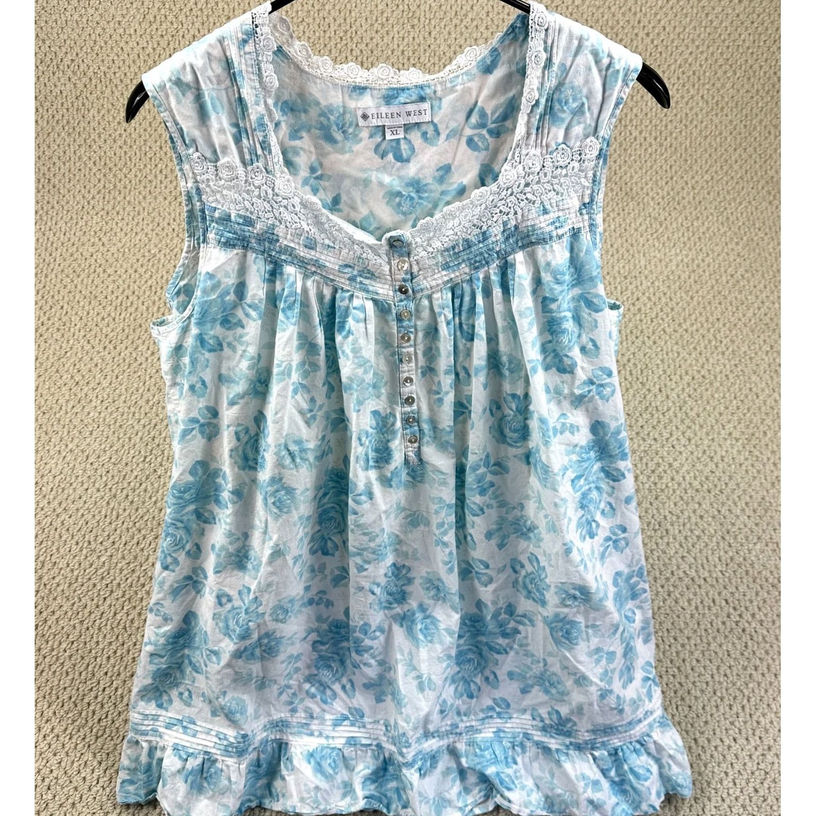 Vintage Eileen West Nightgown Womens XL Blue White Floral Lace Sleeveless Chemise Size ONE SIZE - 2 Thumbnail