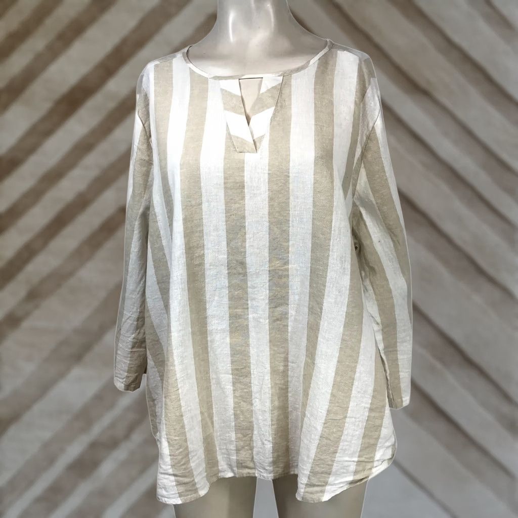 Van Heusen VAN HEUSEN WOMEN'S XL TAN/WHITE STRIPE 3/4 SLEEVE V NECK LINEN BLEND TOP Size XL / US 12-14 / IT 48-50 - 1 Thumbnail