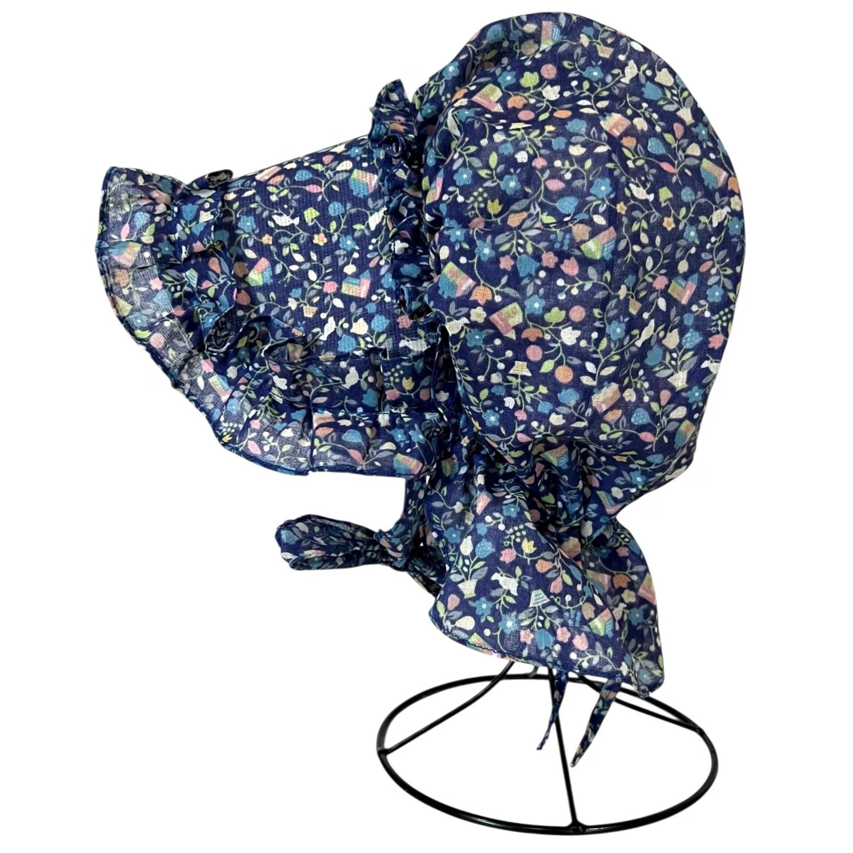Vintage VINTAGE Women Flower Blue Bonnet Handmade Lightweight Semi-Sheer Bow Ruffled One Size Women Dress-up Spring Summer Prairie Pilgrim Costume Bow Womens Size ONE SIZE - 3 Thumbnail