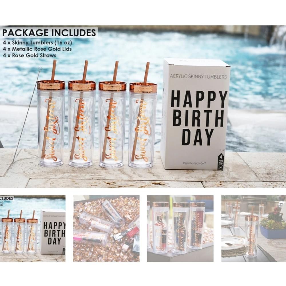 Designer Happy Birthday Acrylic Skinny 4PK Tumblers Size ONE SIZE - 5 Thumbnail