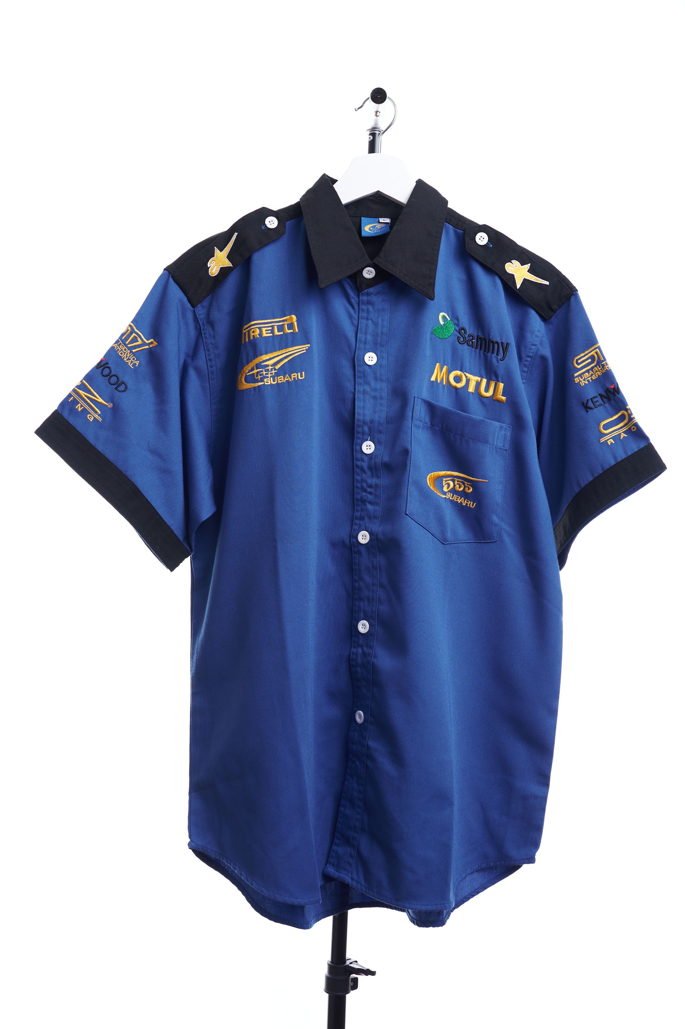 image of Vintage Subaru World Rally Team Button Sammy 555 Motorsports L in Blue, Men's (Size Large)