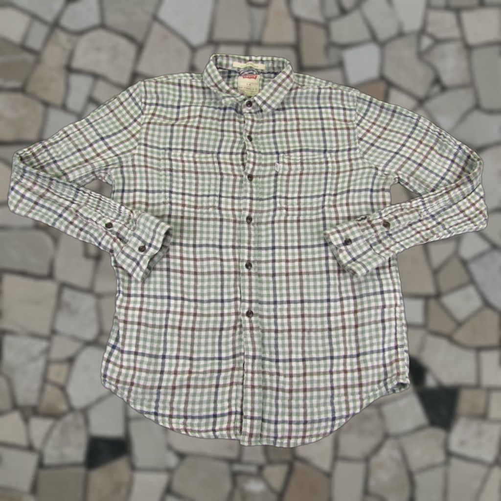 Levi's Levis Shirt Mens Large Green Brown White Tab Check Flannel Button Up Regular Fit Size US L / EU 52-54 / 3 - 1 Thumbnail