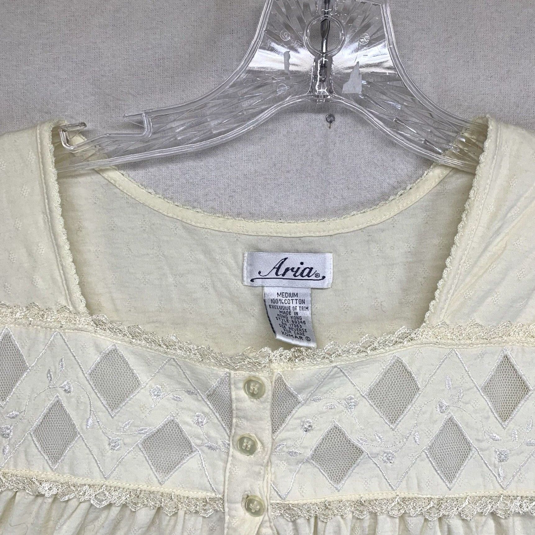 Ariat VINTAGE Aria Women’s Sleep Dress Medium 100% Cotton Light Yellow Embroidered Lace Short Sleeve Boat Neck 90s Cottage Size M / US 6-8 / IT 42-44 - 3 Thumbnail