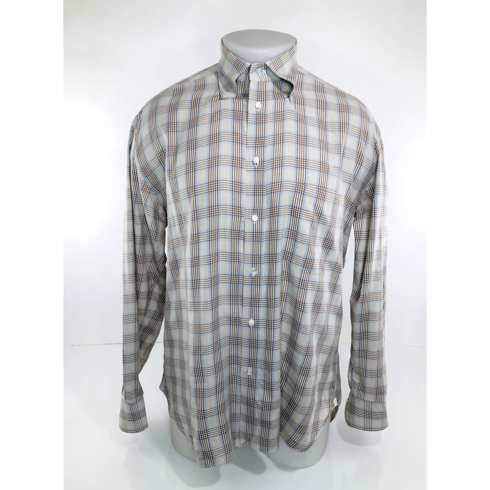Vintage BORELLI Plaid Shirt Mens M Brown / Blue / White Button-Up ITALY Size US M / EU 48-50 / 2 - 2 Thumbnail
