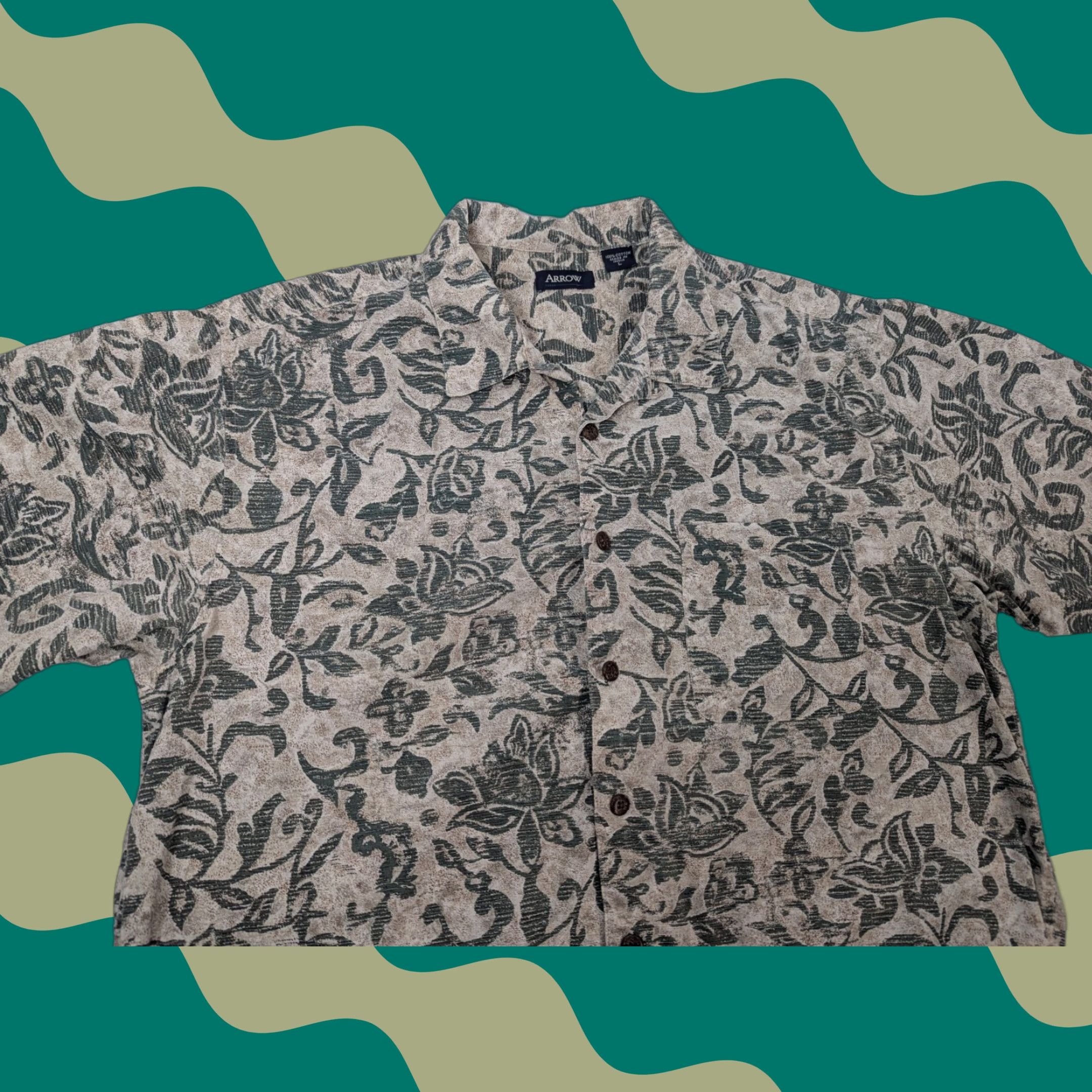 Arrow VINTAGE Arrow Button Shirt Men's L Green Hawaiian Camp Loop Collar Cotton Floral Size US L / EU 52-54 / 3 - 1 Thumbnail