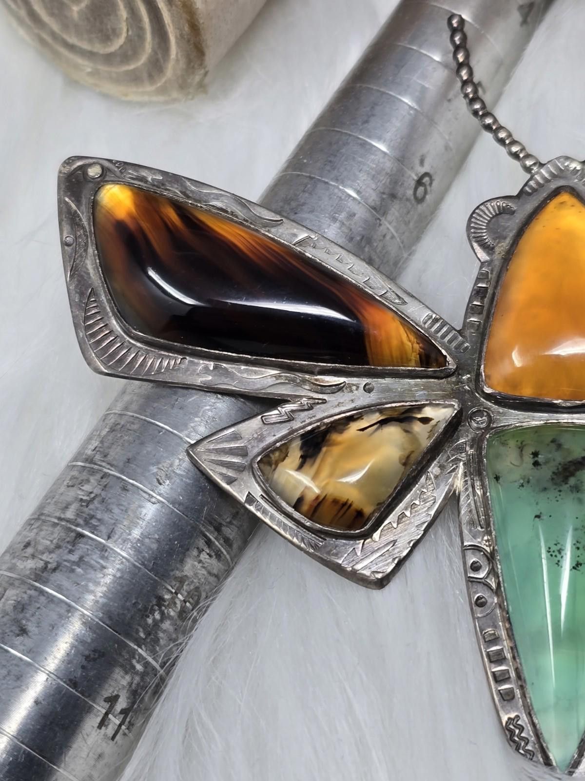 Other Artisan Huge 4" 925 Silver Agate Gaspeite Moth Brooch 50g Size ONE SIZE - 8 Thumbnail