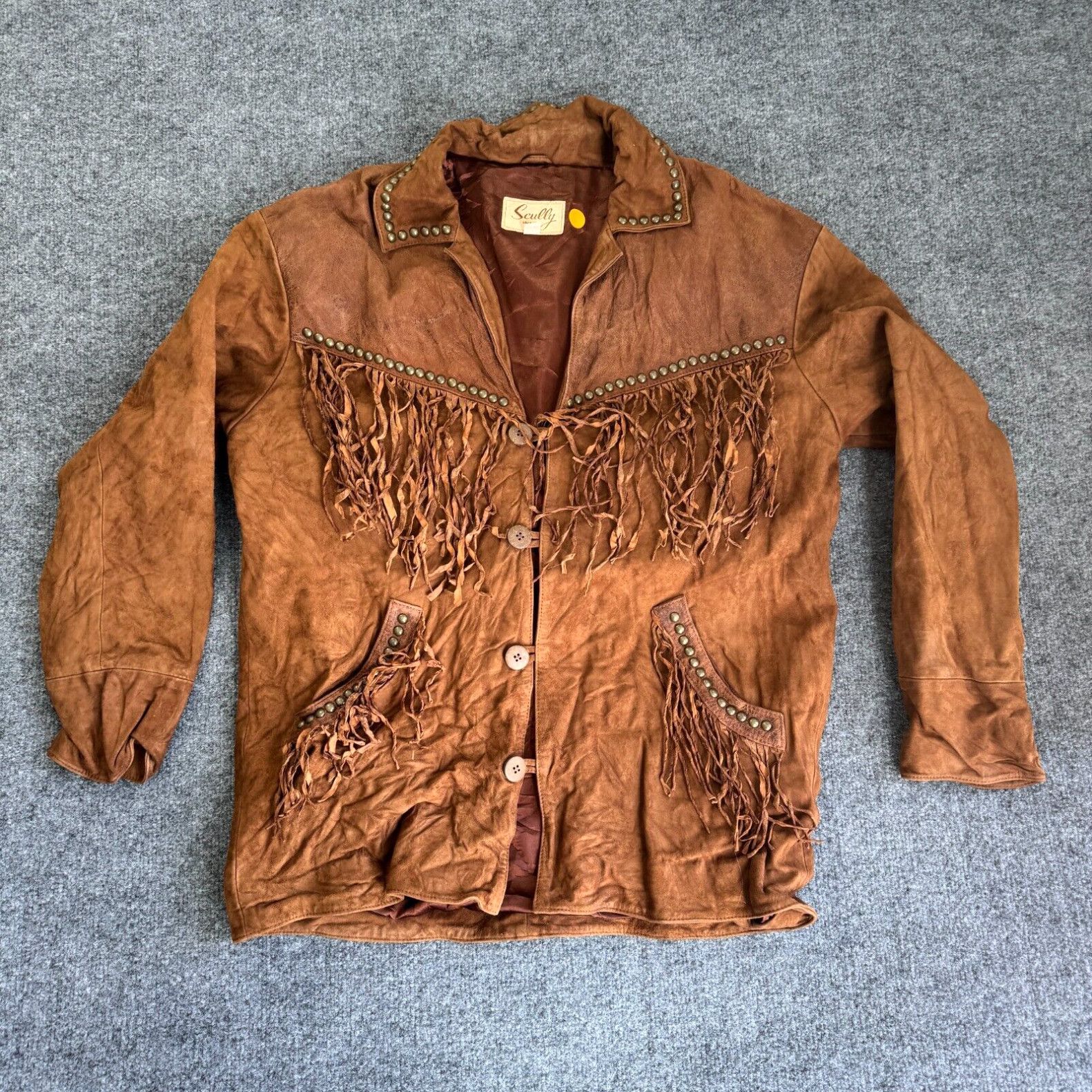 Image of Scully Leather Jacket Fringed Size Small Cowboy Camel Brown Western Suede Vintage in White, Men's