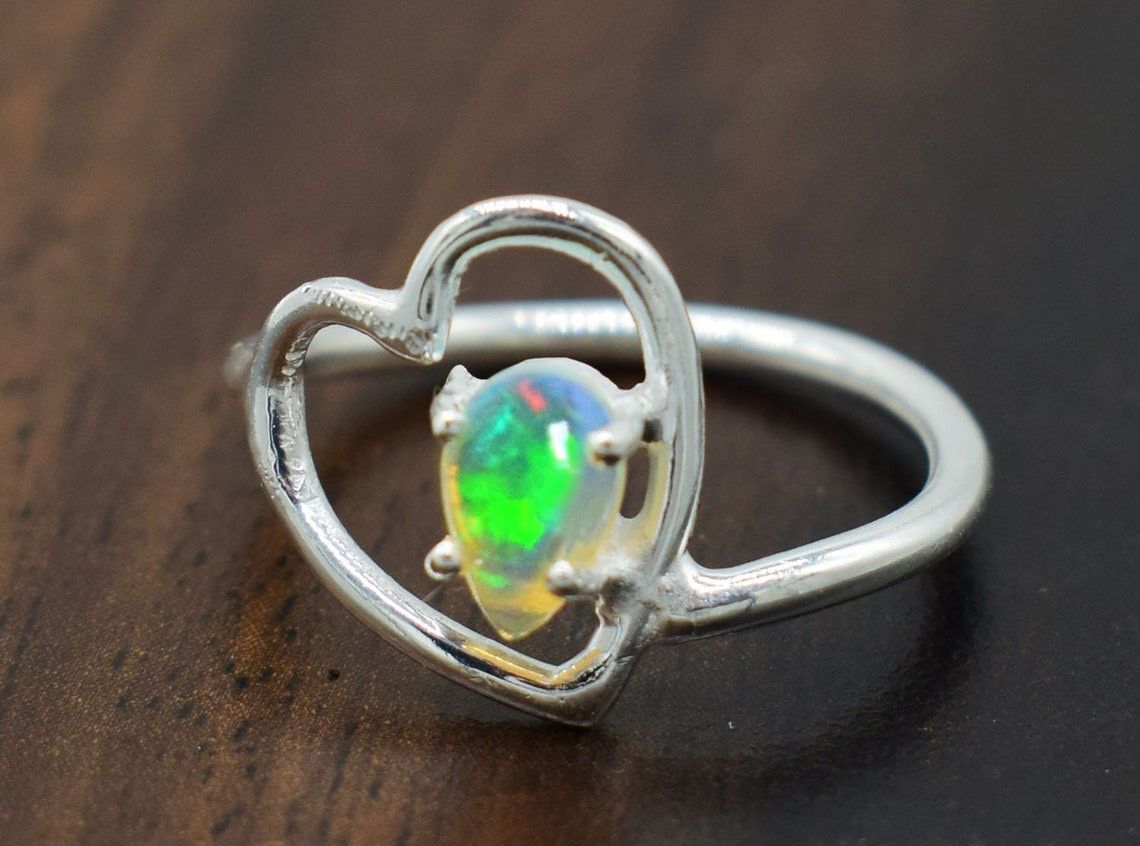 Handmade Heart Sterling Silver Ring: Ethiopian Opal Gemstone Size ONE SIZE - 3 Thumbnail