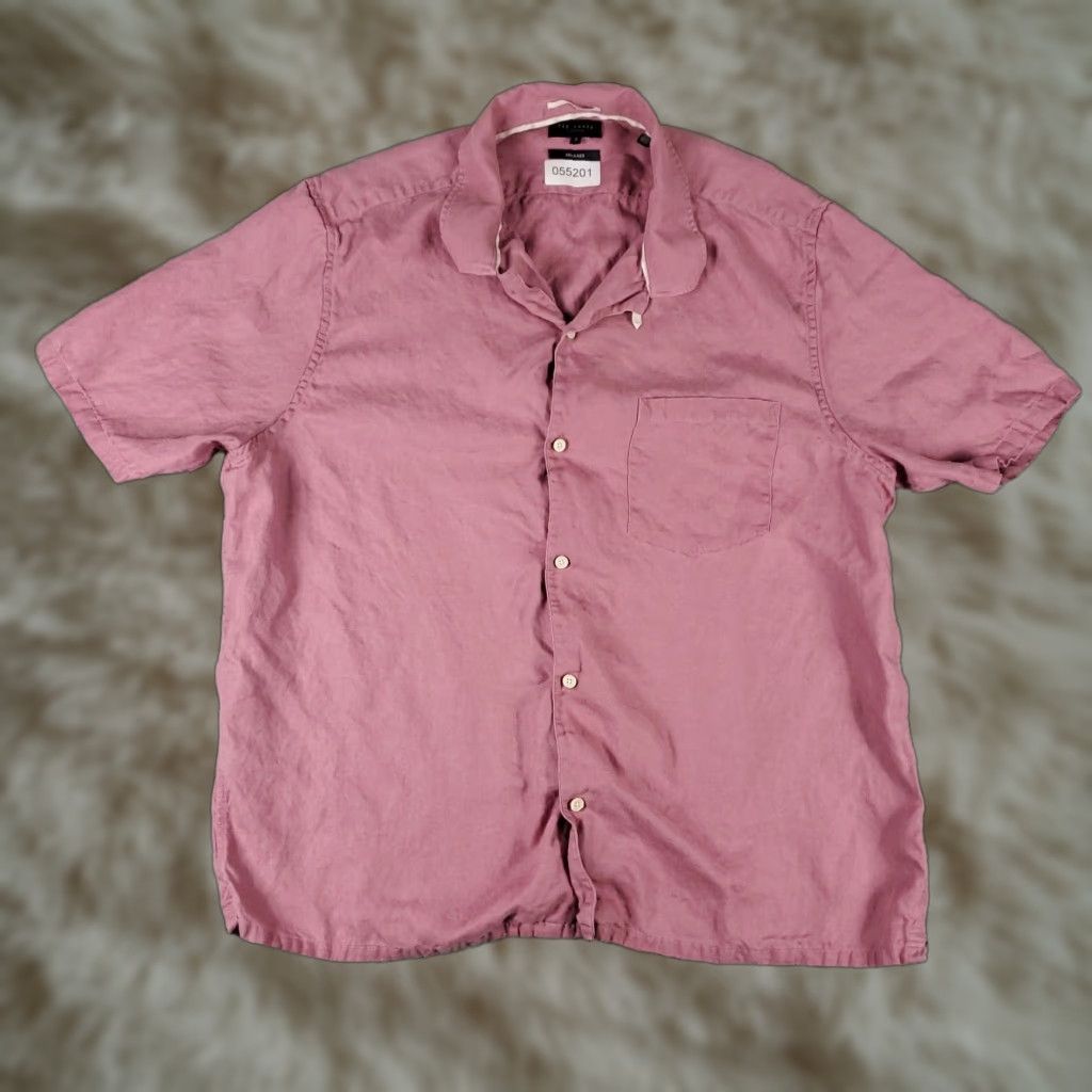 Ted Baker Ted Baker London Shirt Mens Size 7 Red Camp Collar Button-Up Short Sleeve Cotton Linen Lyocell Classic Regular Mens Size US M / EU 48-50 / 2 - 1 Thumbnail