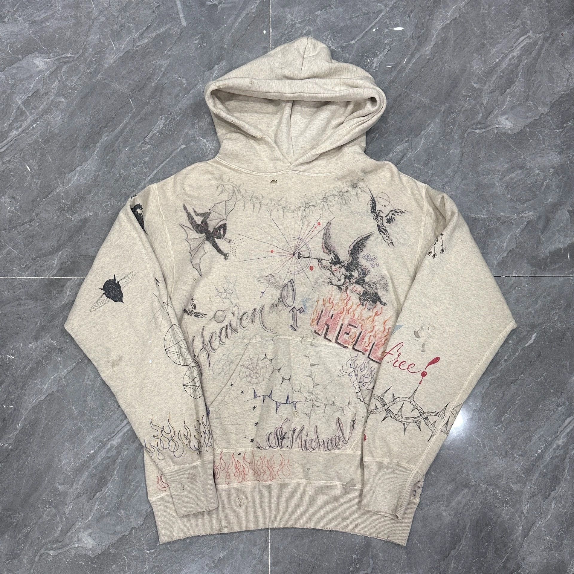 Saint Michael Saint Michael Embroidery, tattoo, graffiti, destruction and washing to make old hoodies and sweaters Size US M / EU 48-50 / 2 - 1 Thumbnail