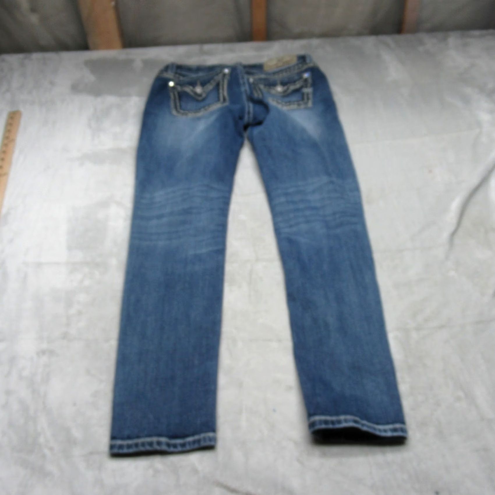 Miss Me Miss Me Jeans Womens Skinny Medium Wash Blue Denim Embellished Whisker Fade 29x28 Size 29" - 2 Thumbnail