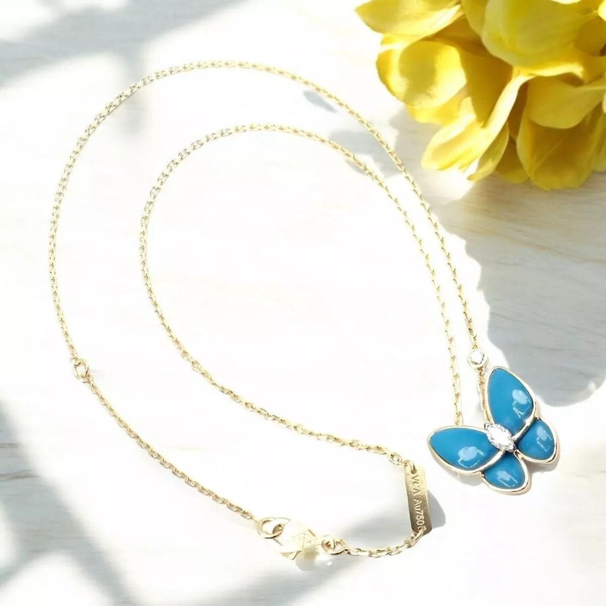 Van Cleef & Arpels 18k Gold Diamond Turquoise Butterfly Pendant Necklace Cert Size ONE SIZE - 2 Thumbnail