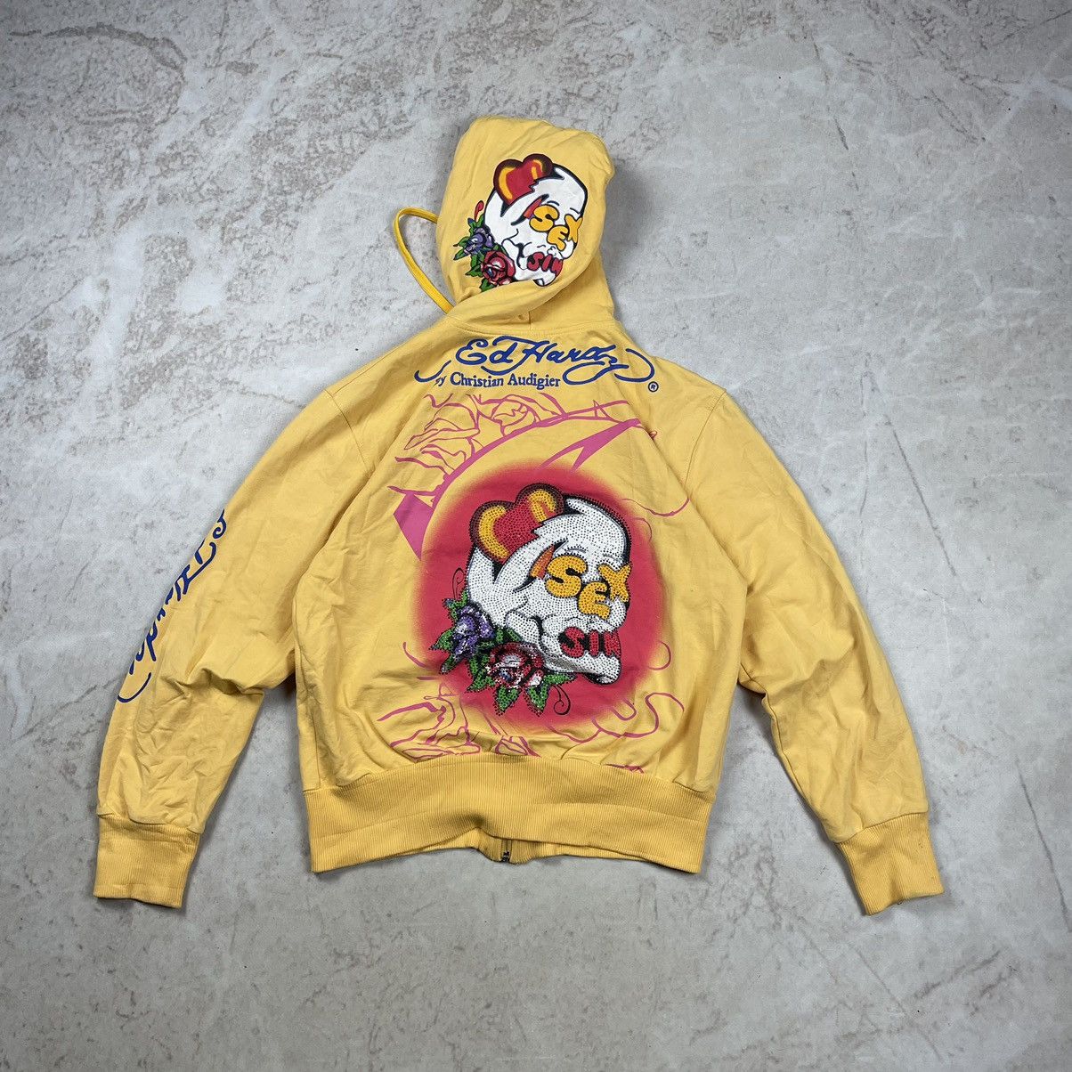 Ed Hardy Ed Hardy Y2K Sex Skull Yellow Zip Hoodie XXL | Grailed