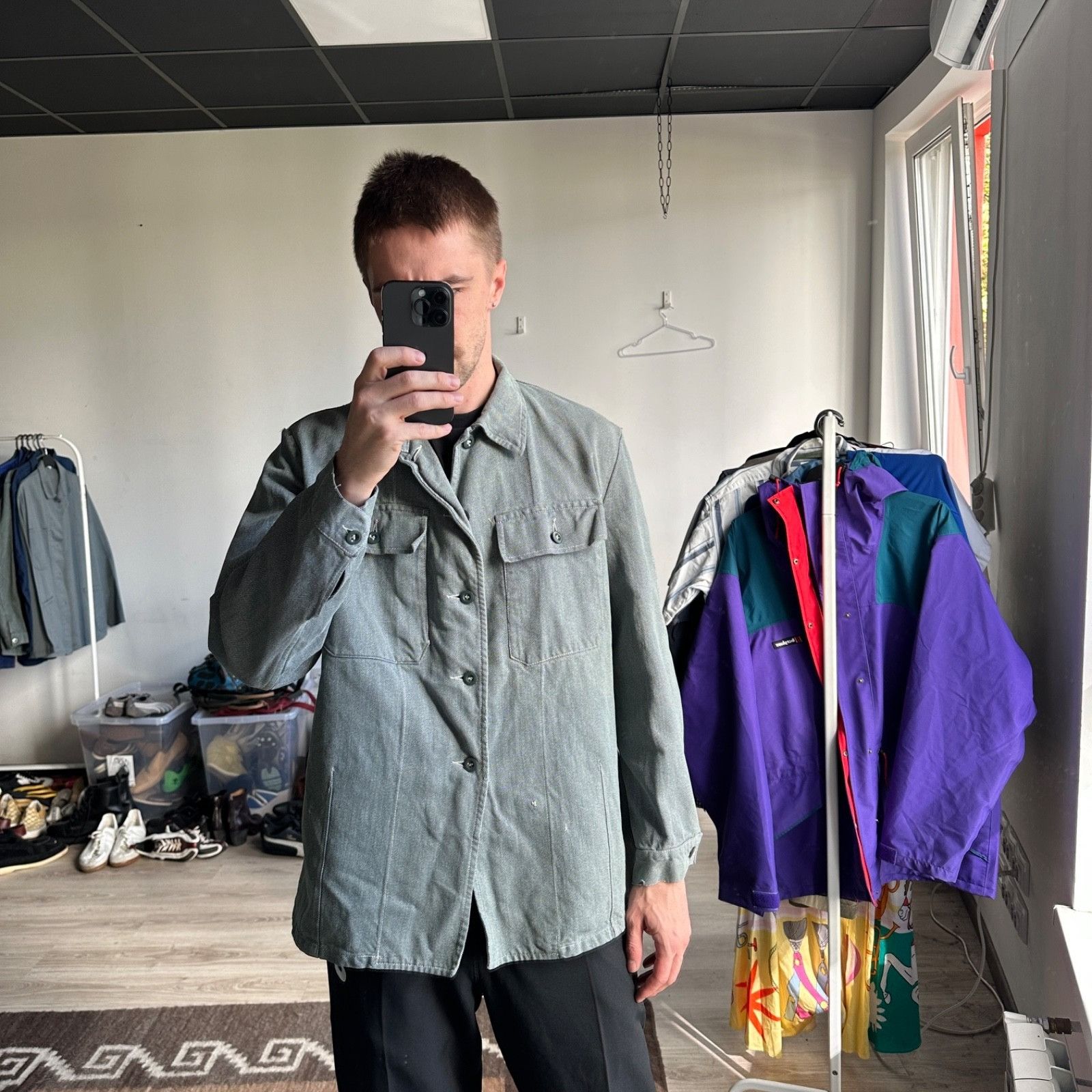 Vintage Vintage French Work Jacket Chore Coat Grey HBT Jacket 9458AC Size US L / EU 52-54 / 3 - 1 Thumbnail