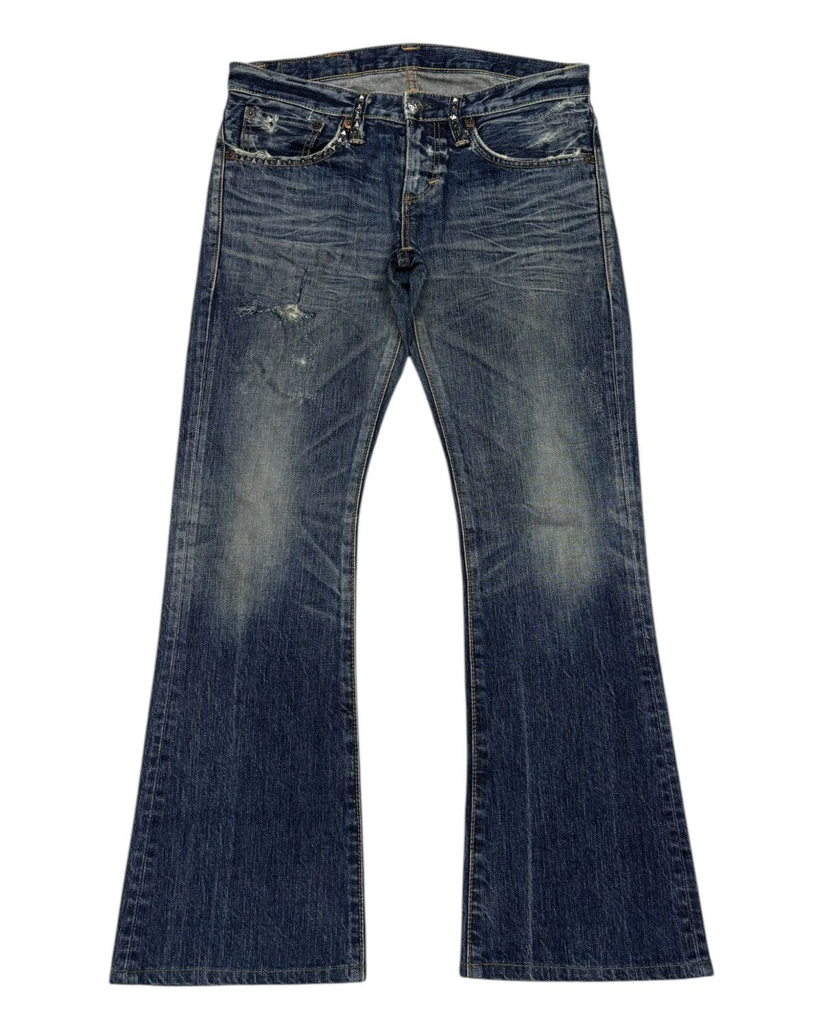 Who Decides War 🔥Edwin 503 Pierced & Studs Flared Jeans Low Rise Size US 32 / EU 48 - 9 Thumbnail