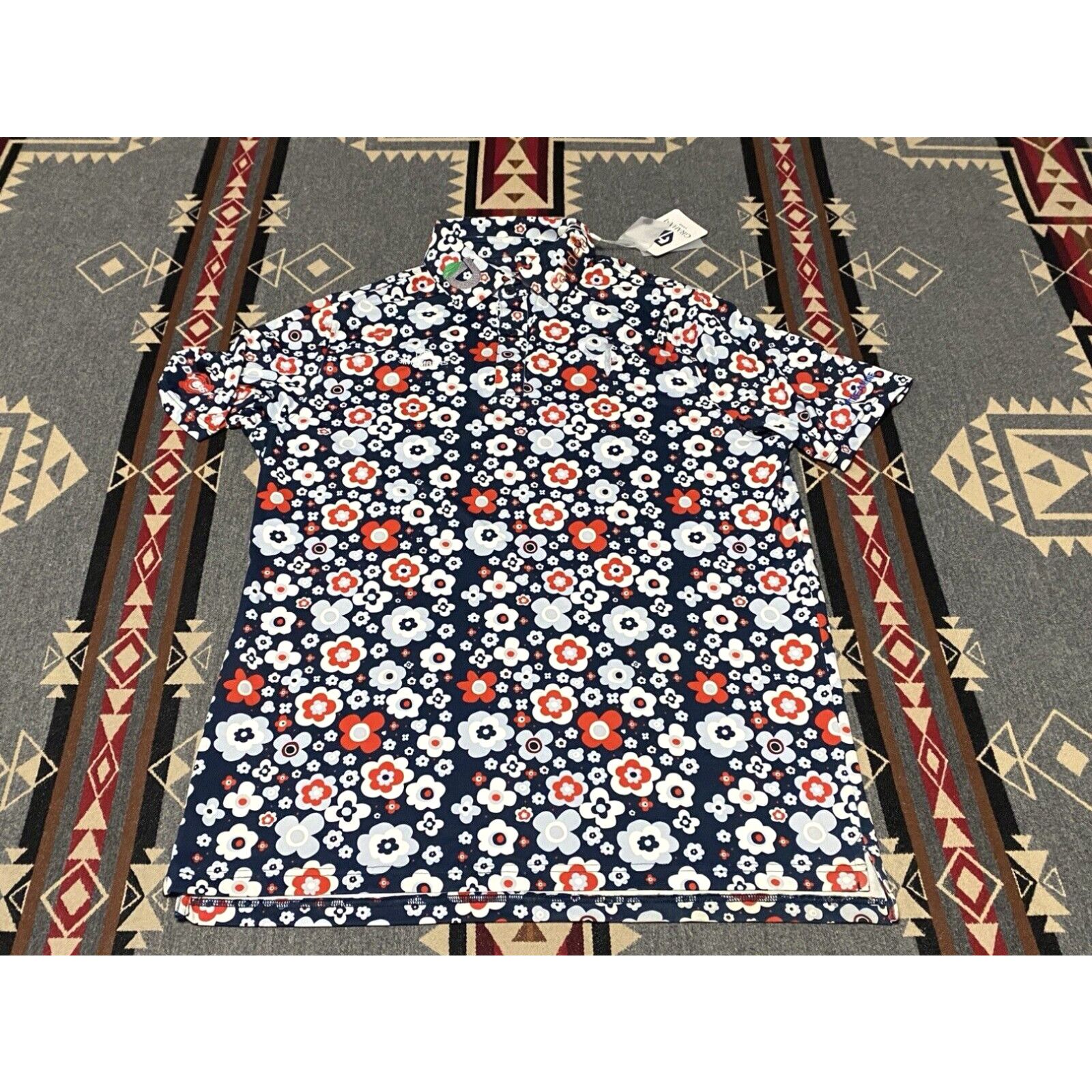 image of Vintage Graham Luxe NWT Golf Shirt M Blue Depths Floral Print Retail $80 Tour Issue T74 in White (S