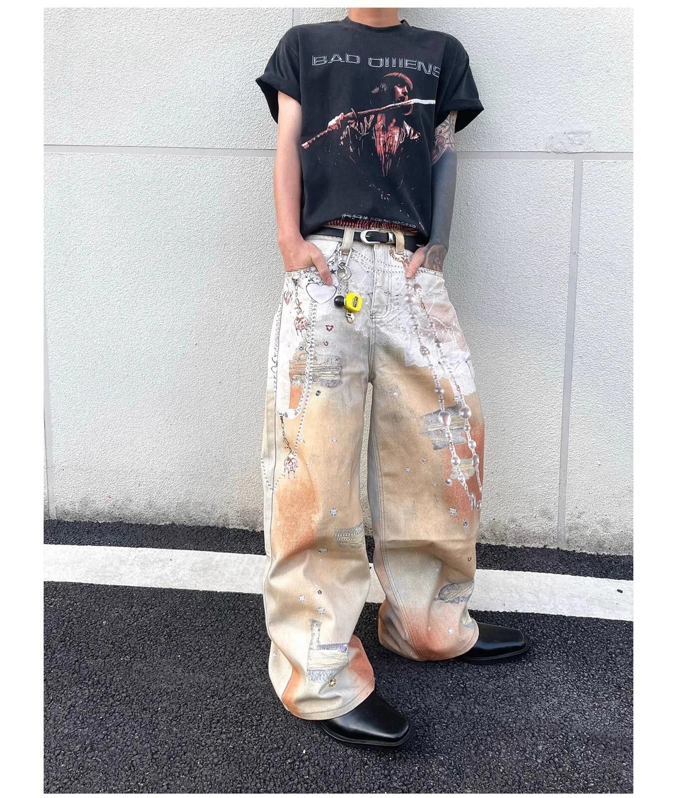 Jean 3d Print Orange Distressed Wide Leg Jeans Size US 30 / EU 46 - 2 Thumbnail