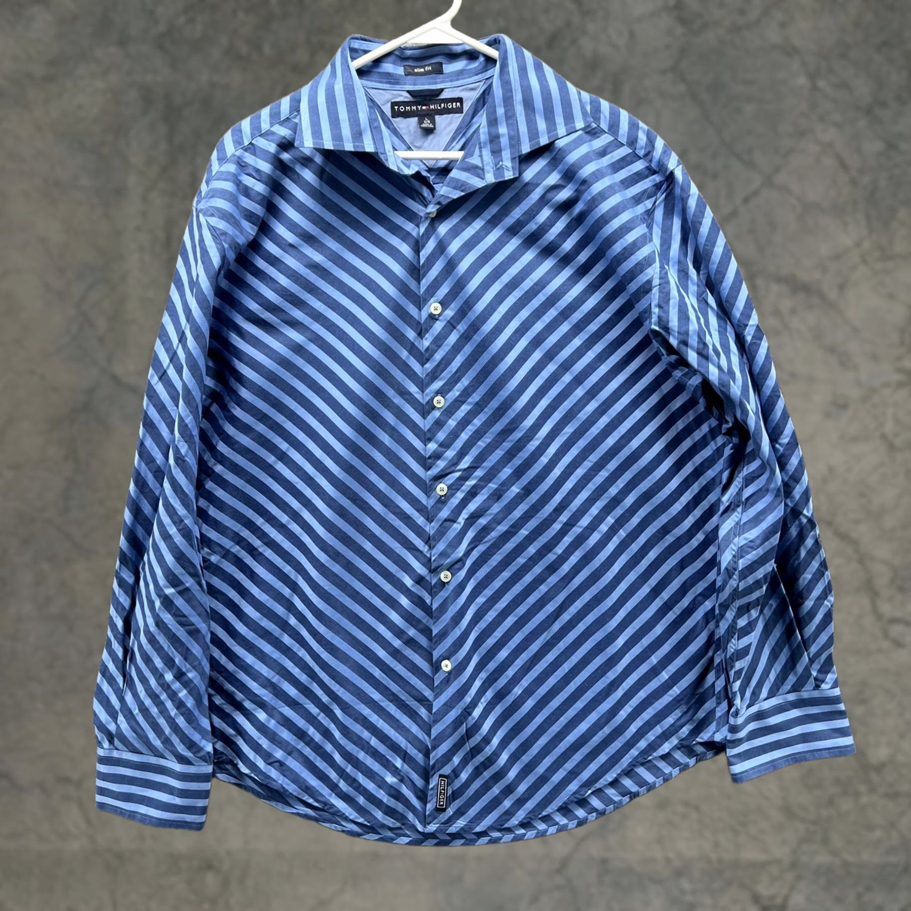 Tommy Hilfiger Tommy Hilfiger Dress Shirt Mens L Blue Stripe Slim Button Front Long Sleeve Shirt Size 42R - 1 Thumbnail