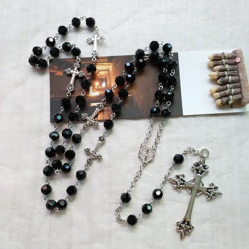Jewelry Black Crystal Rosary Necklace Long Cross Pendant Size ONE SIZE - 3 Thumbnail