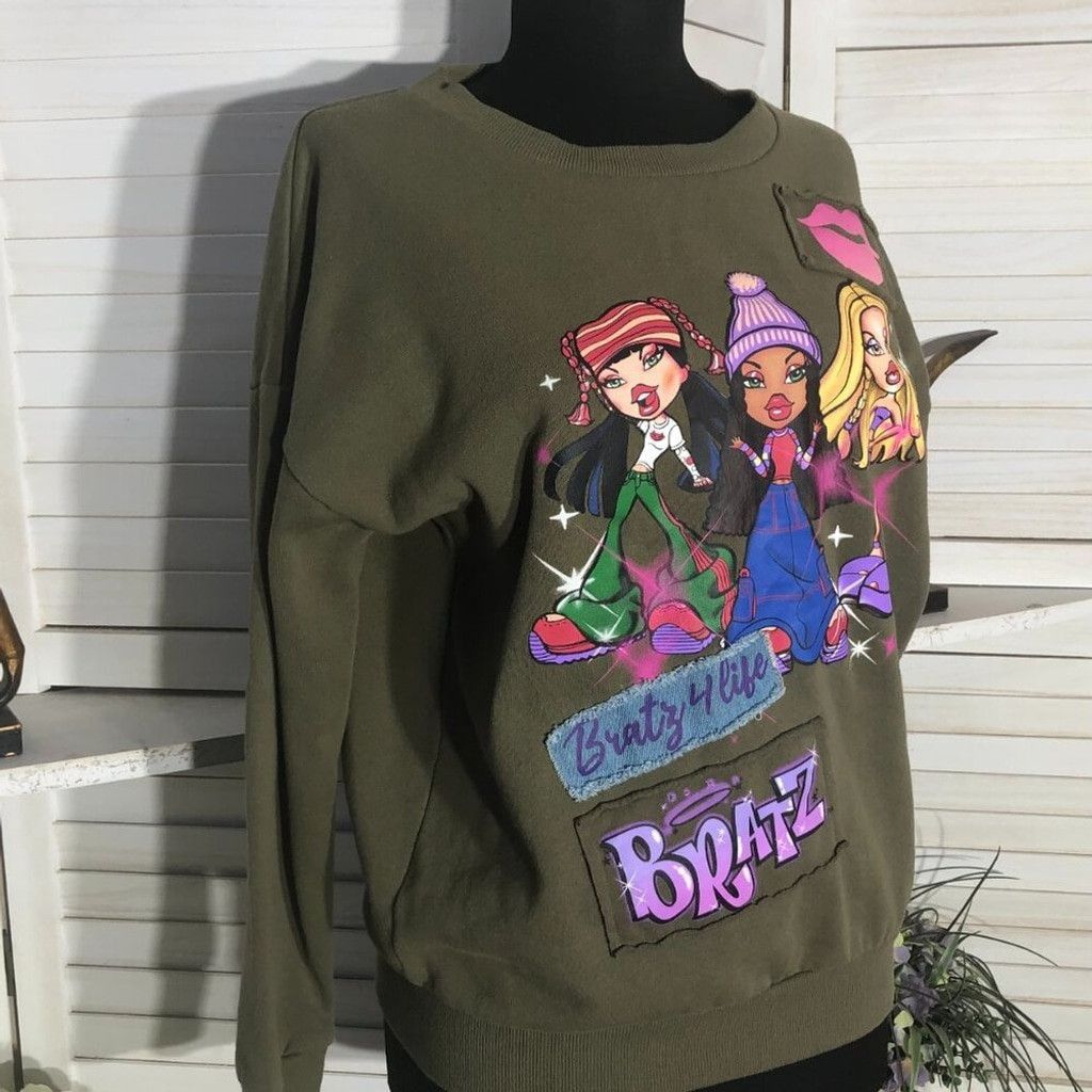 Vintage Y2K Bratz cotton oversized sweatshirt green patchwork XS Size XS / US 0-2 / IT 36-38 - 5 Thumbnail