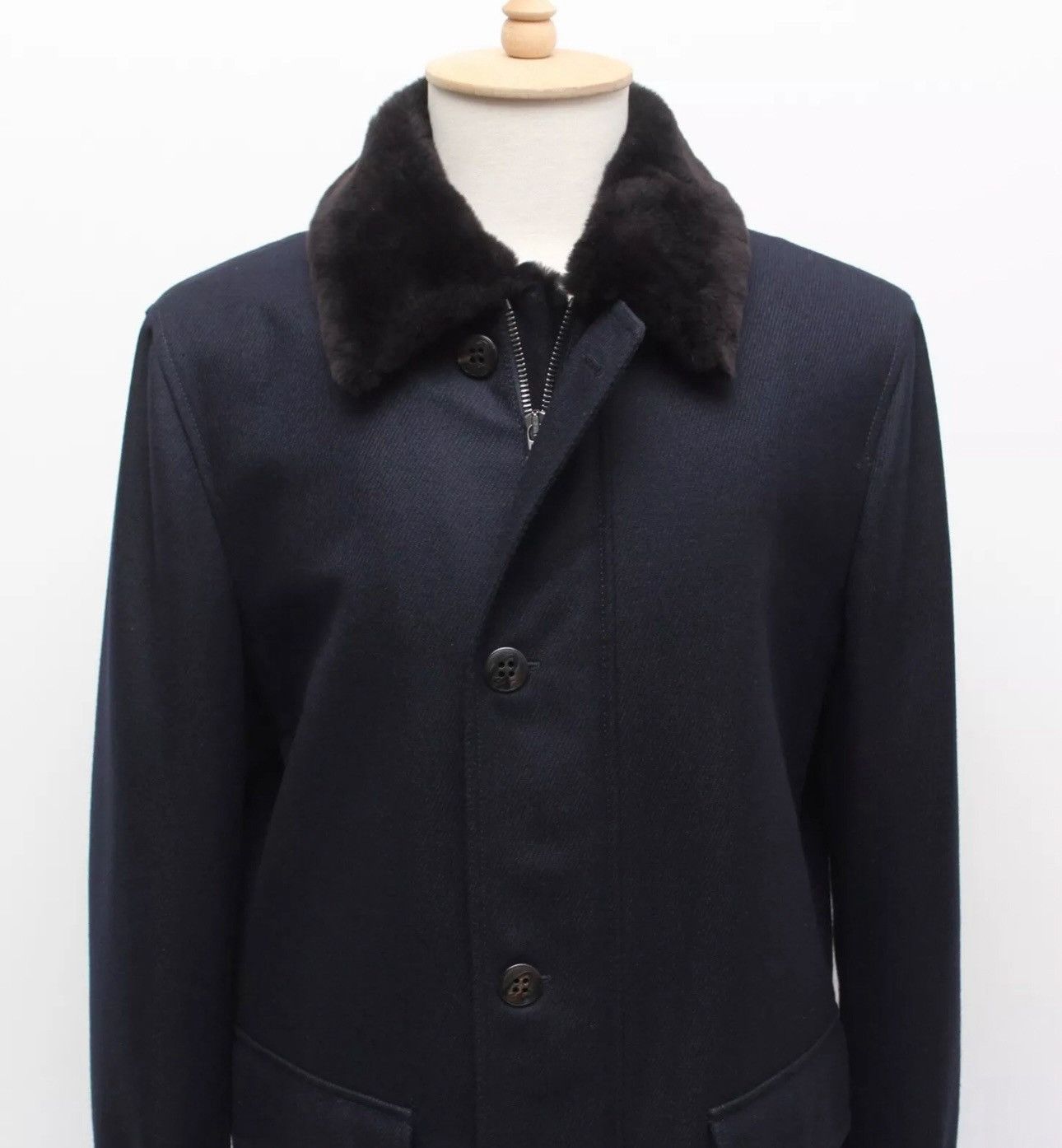 Brioni BRIONI Luxury Wool Long Navy Fur Collar Coat Overcoat fit XL Size US XL / EU 56 / 4 - 2 Thumbnail