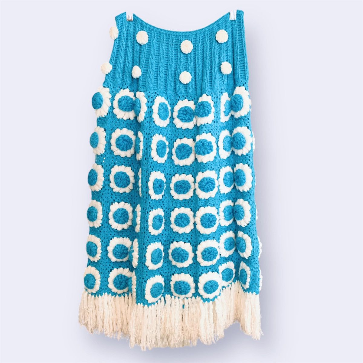 Vintage VTG Teal Blue Hand Knit Flower Power Skirt Wrap Size 28" / US 6 / IT 42 - 2 Thumbnail