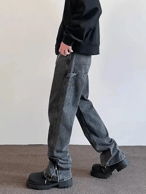 High street zip-up distressed cargo micro flared jeans