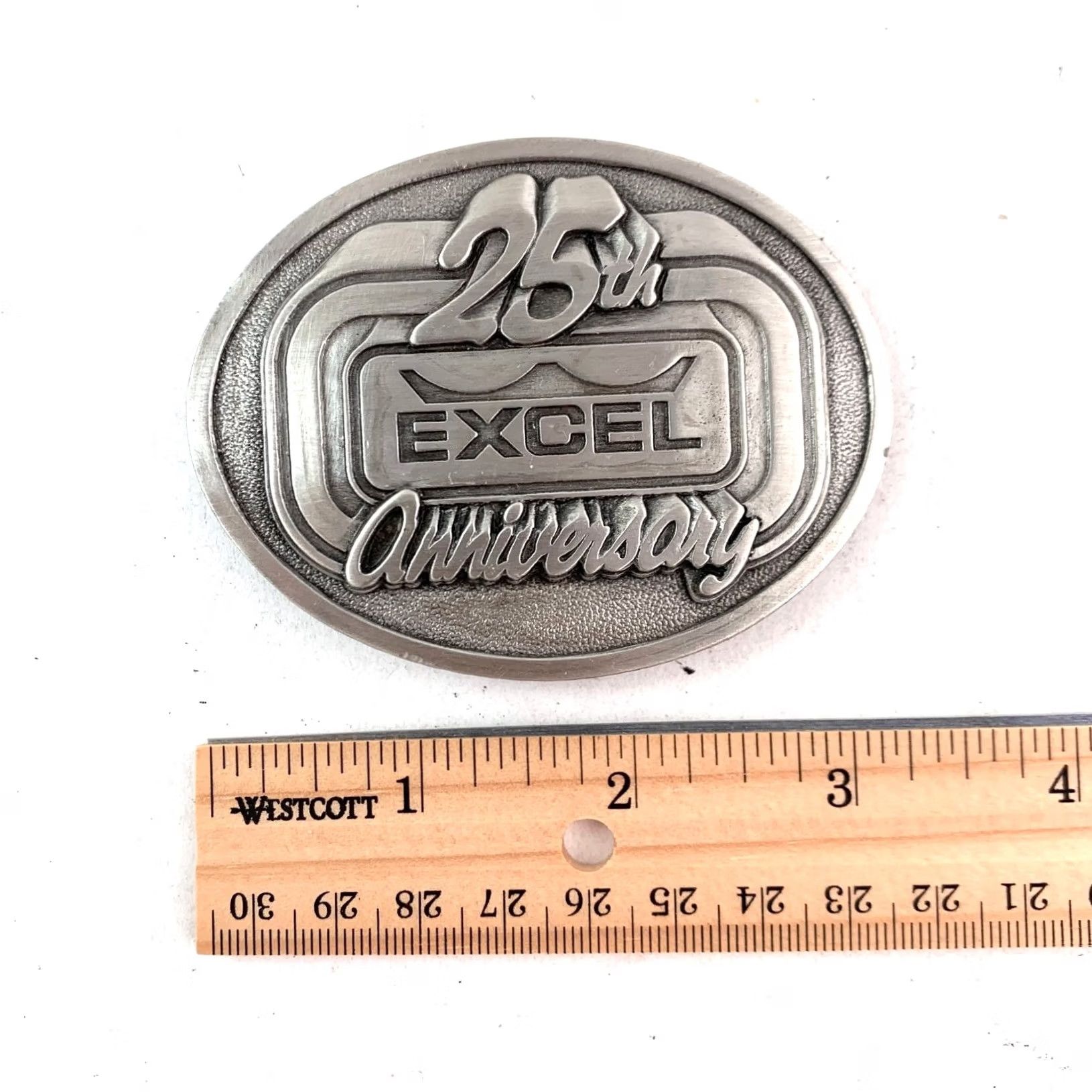 Vintage VINTAGE Excel Belt Buckle 25th Anniversary Silver Tone Oval Limited Edition 1985 Mens Silver Pewter 305/1000 Siskiyou Size ONE SIZE - 4 Thumbnail
