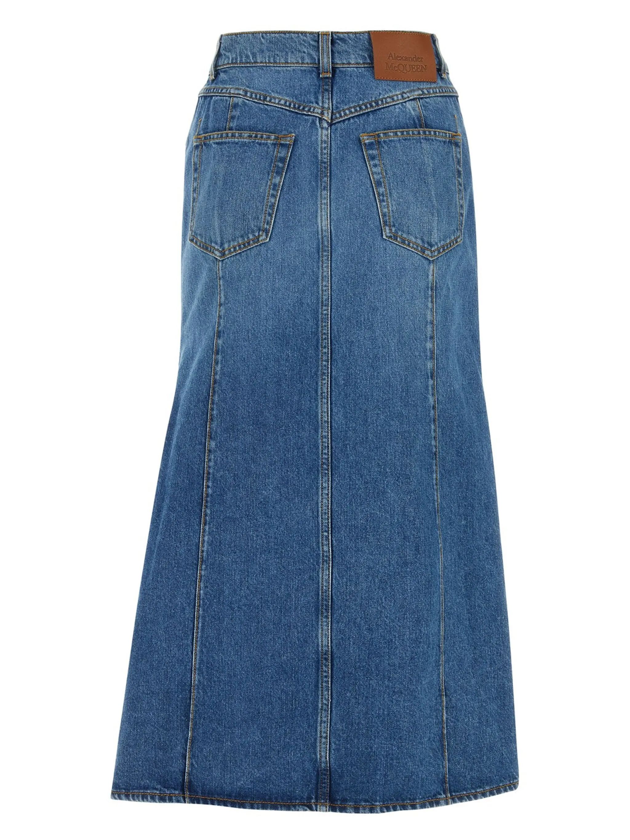 Alexander McQueen o1y0325 Denim Midi Skirt in Blue Size 27" / US 4 / IT 40 - 2 Thumbnail