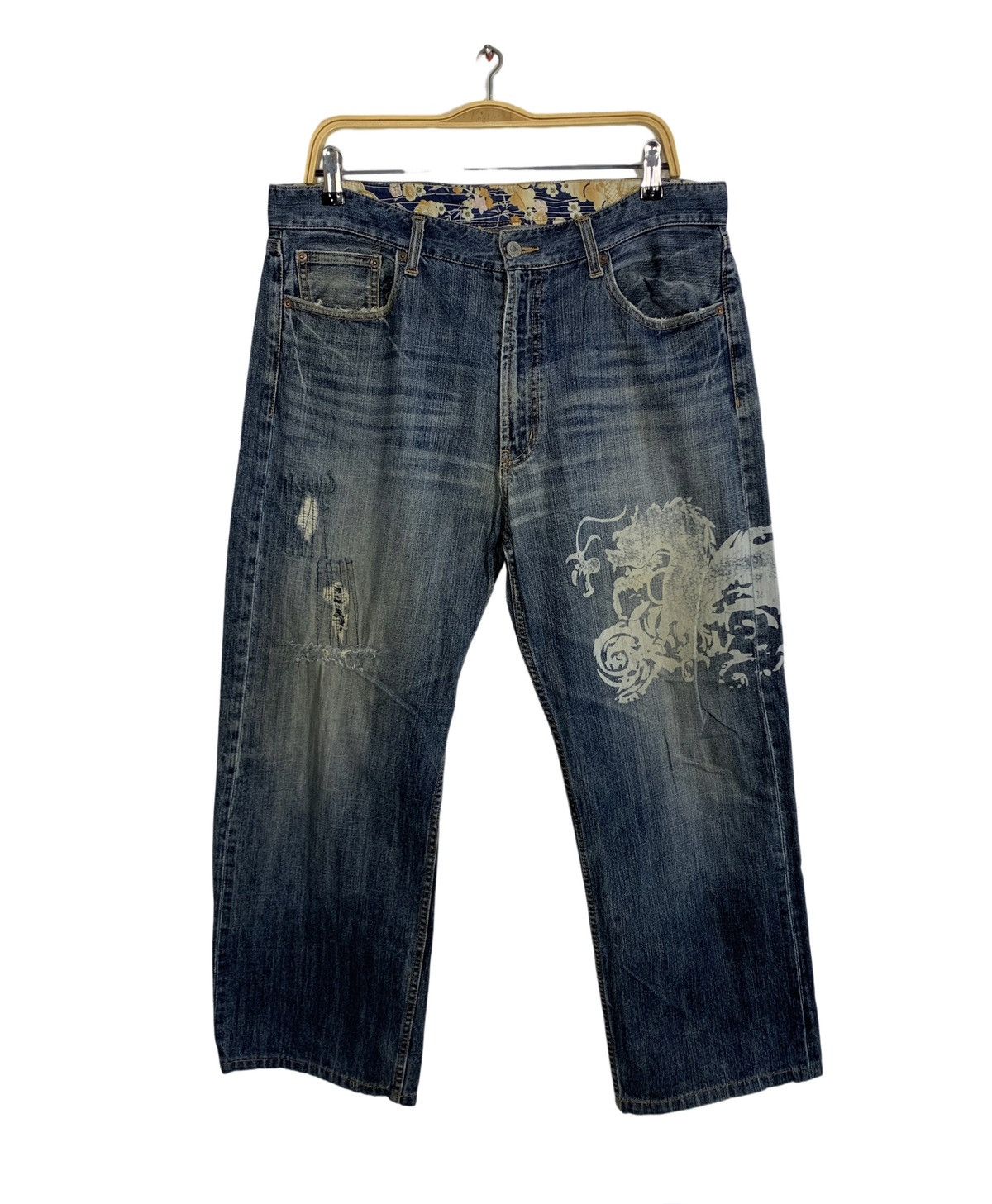 Japanese Brand Dragon Art Denim Jeans Pant Straight Leg Zipper Pocket Size US 35 - 1 Thumbnail