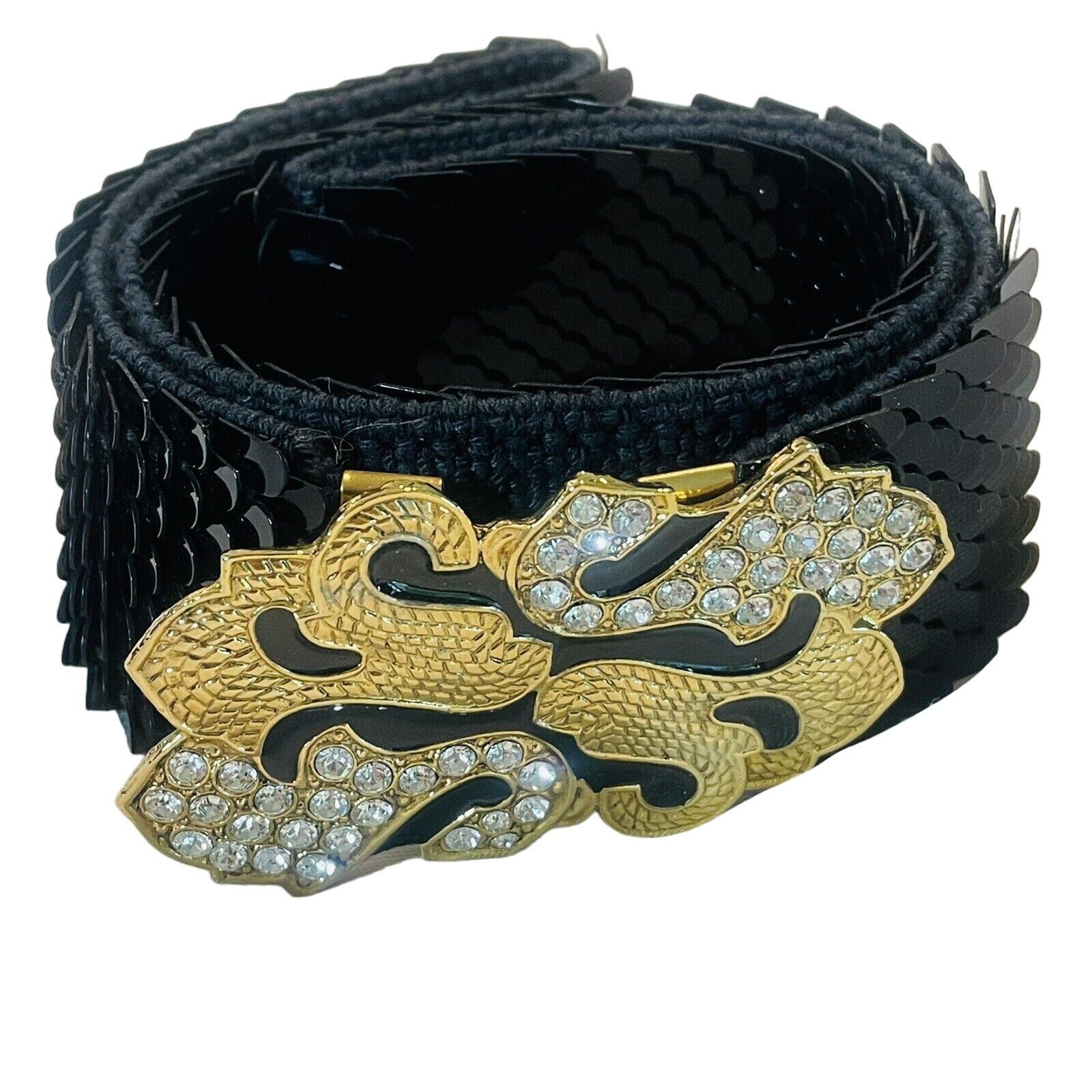 Vintage Vintage Gantos S Black Sequence Belt W Gold Bling Buckle Str Size ONE SIZE - 2 Thumbnail